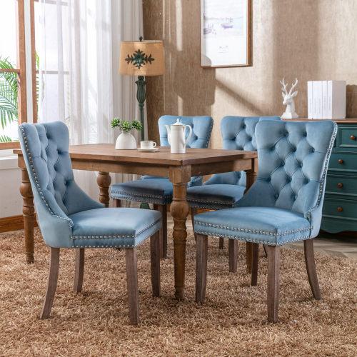 Set Of 2, Contemporary Velvet Upholstered Dining Chair With Wooden Legs Nail Head Trim