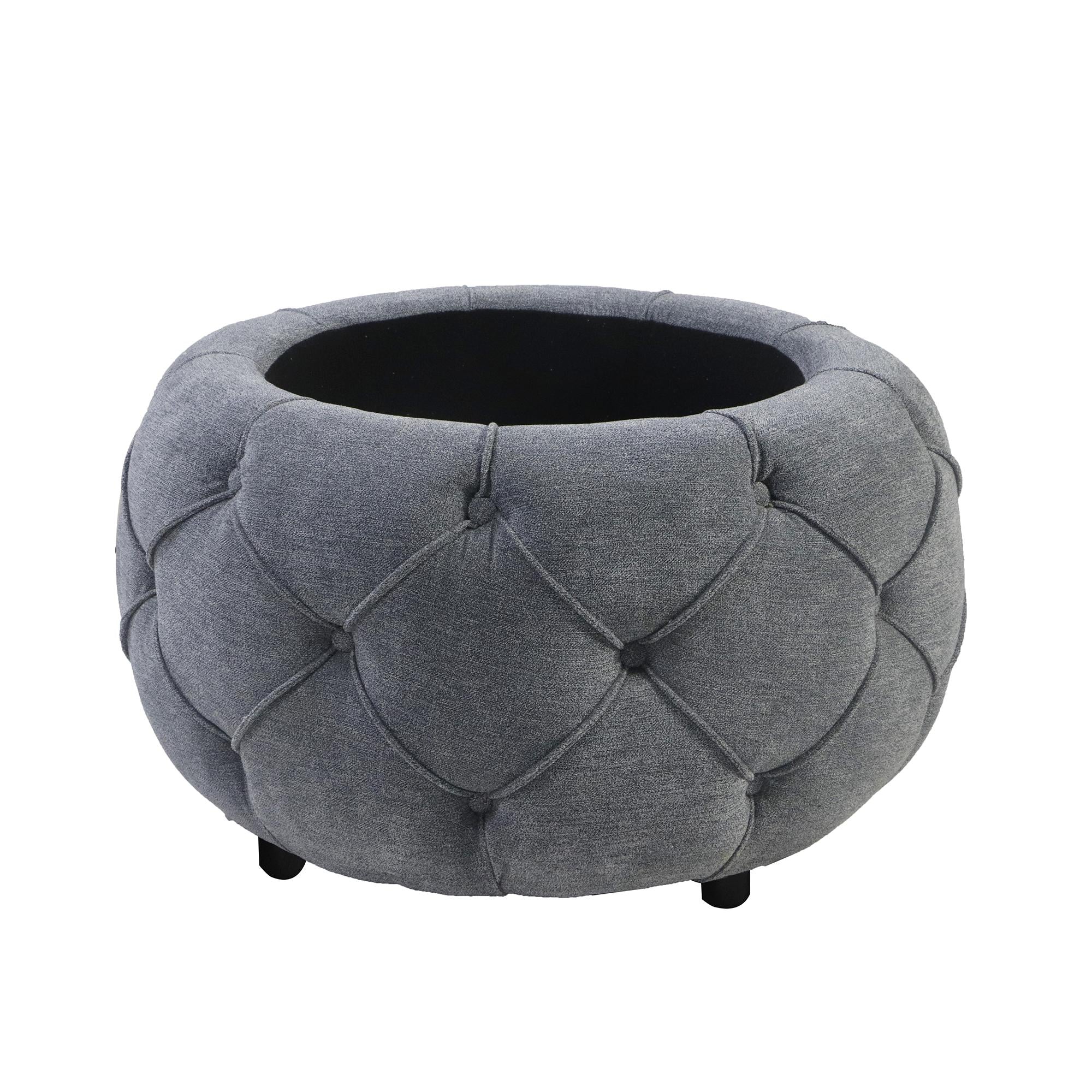 Large Button Tufted Woven Round Storage Footstool。Suitable For Living Room, Bedroom, Study