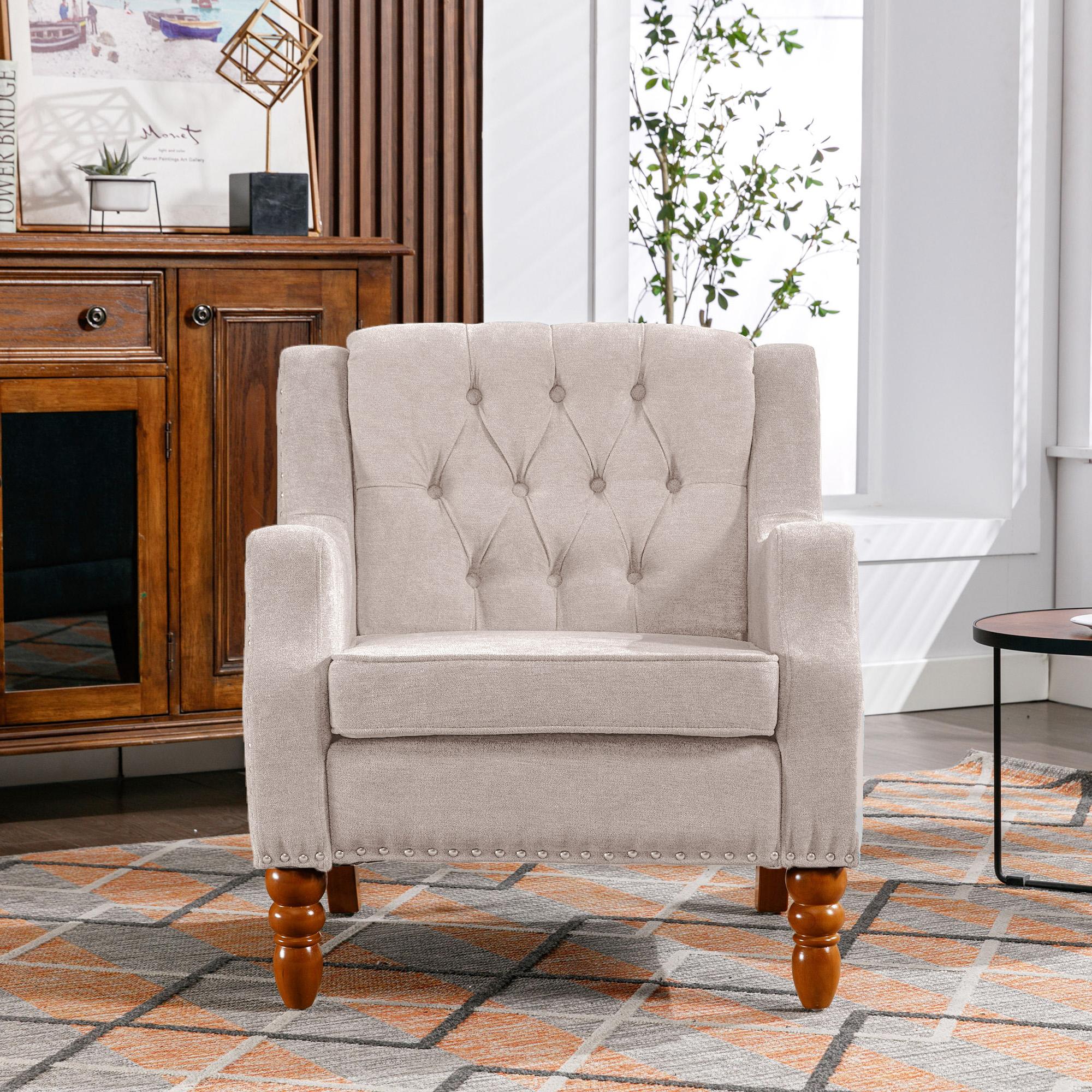 Footstool Chair Sets with Vintage Brass Studs and Tufted Upholstered Armchairs