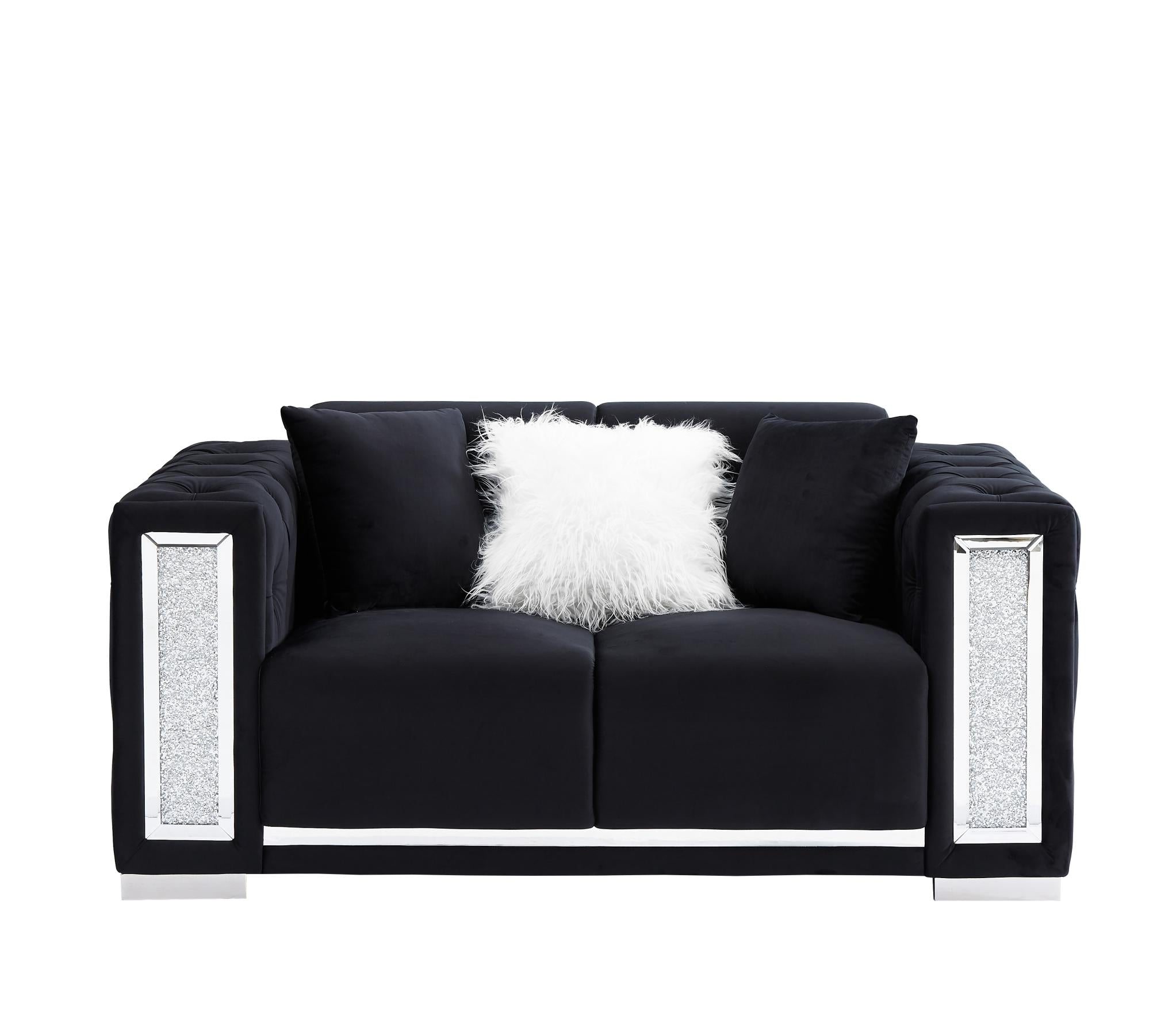 Black Velvet Loveseat For Living Room With Pillows