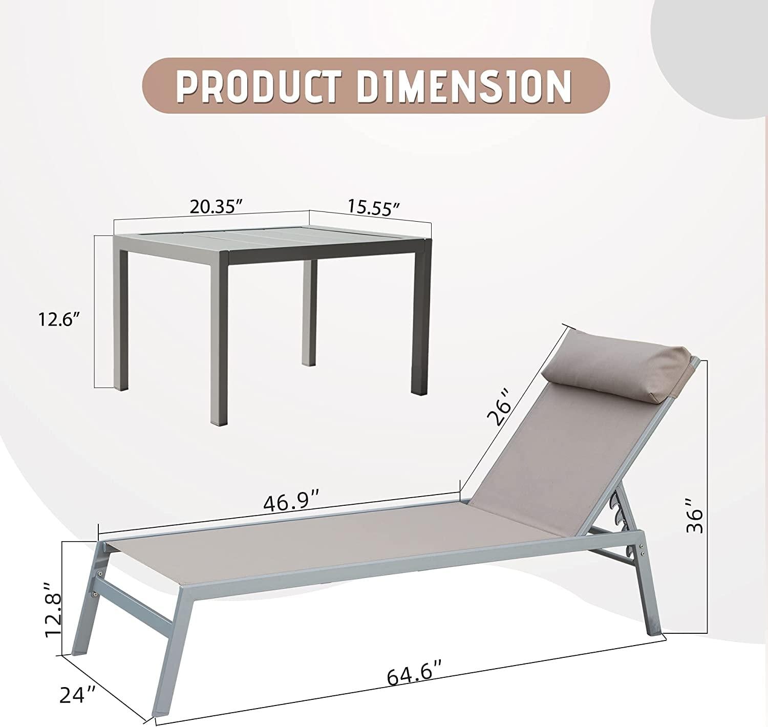 Domi Patio 3 Pieces Aluminum Textilene Chaise Lounge Set With Side Table Outdoor,Adjustable Back