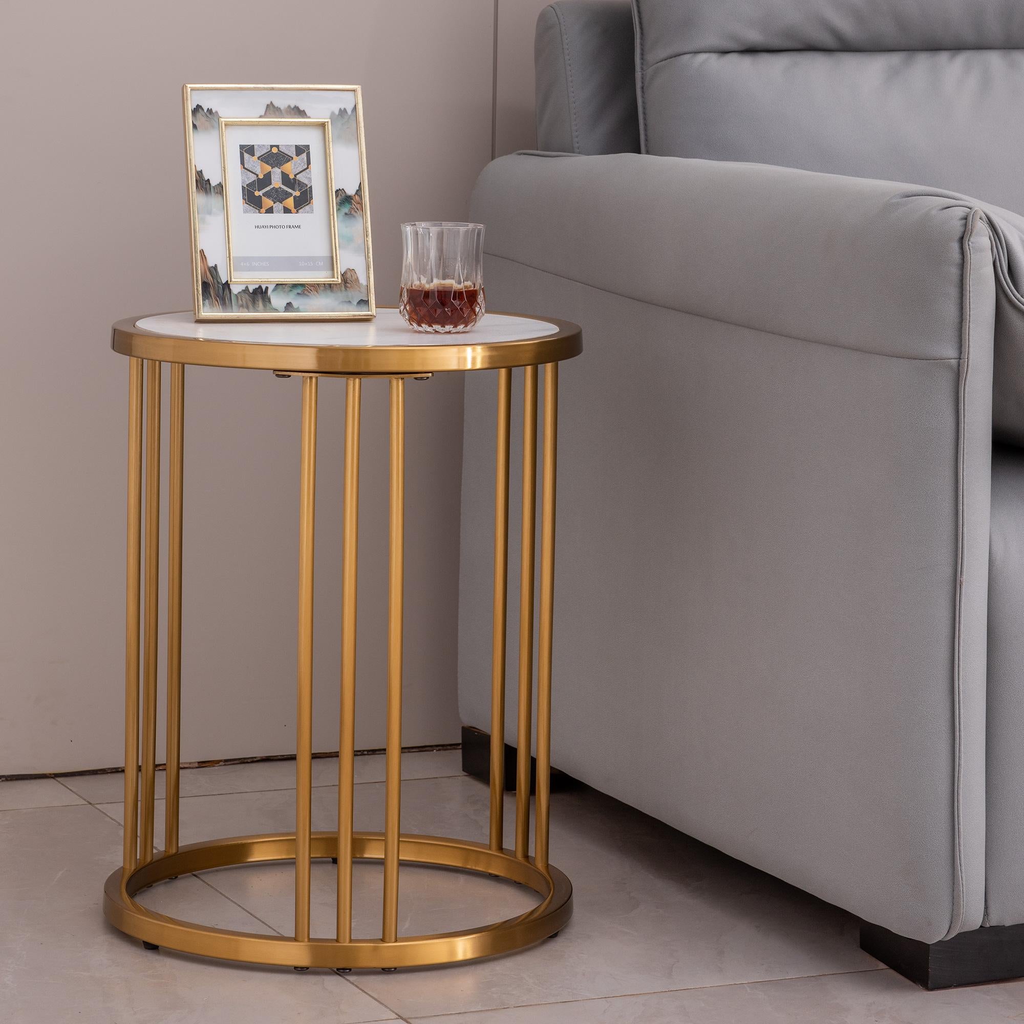 Sintered Stone Round Side/End Table With Golden Stainless Steel Frame