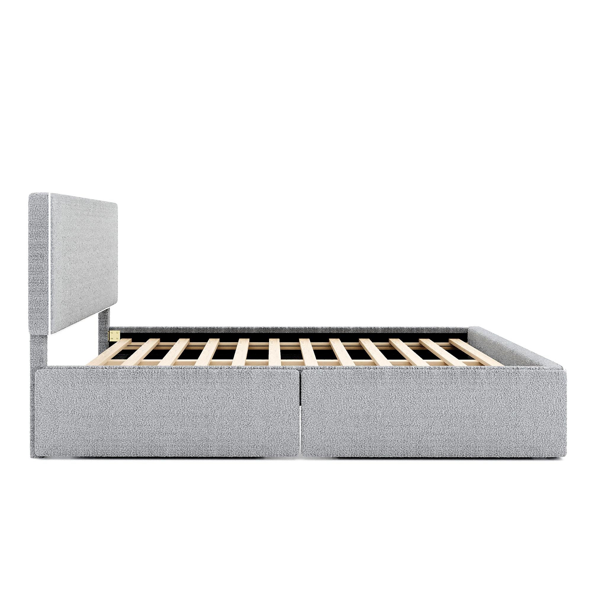 Upholstered Platform Bed With 4 Drawers And White Edge On The Headboard & Footboard, Gray