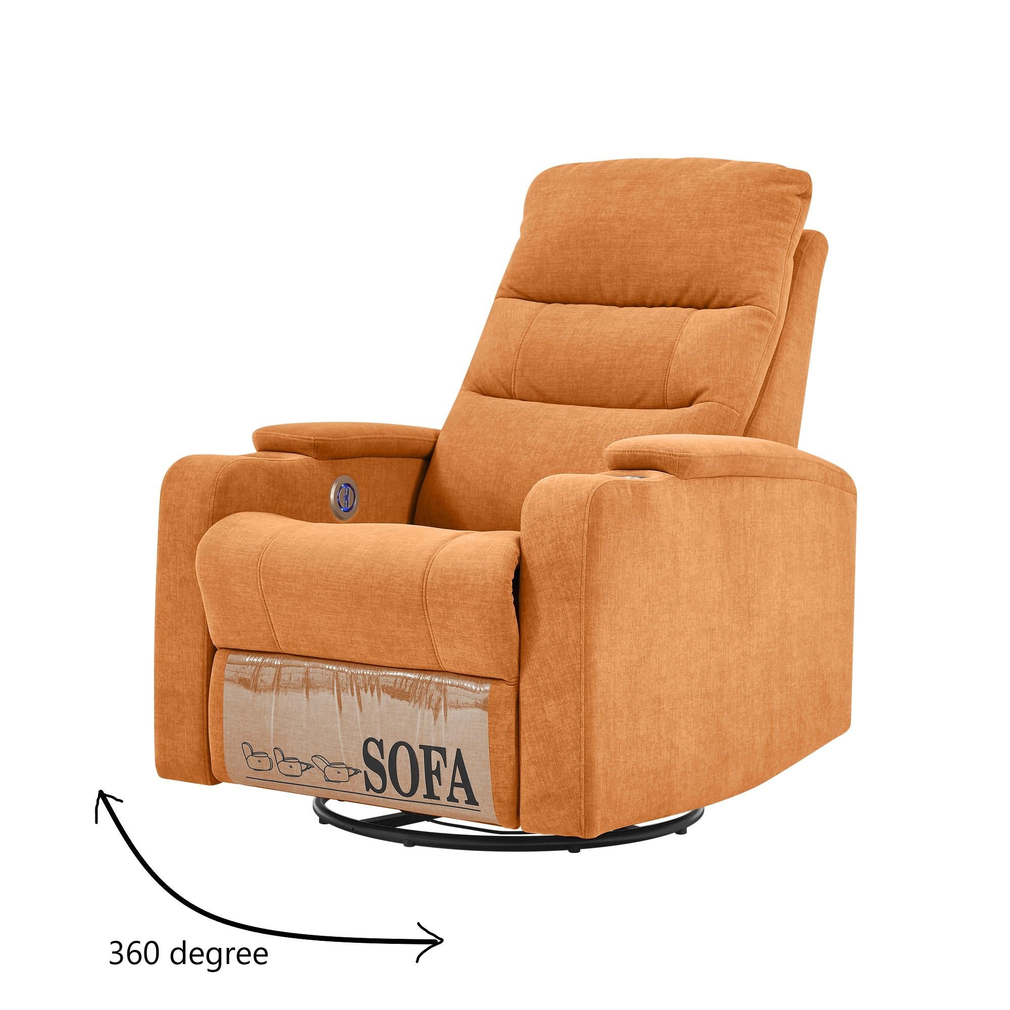 Swivel Rocking Recliner Sofa Chair With Usb Charge Port & Cup Holder For Living Room, Bedroom,Light Orange