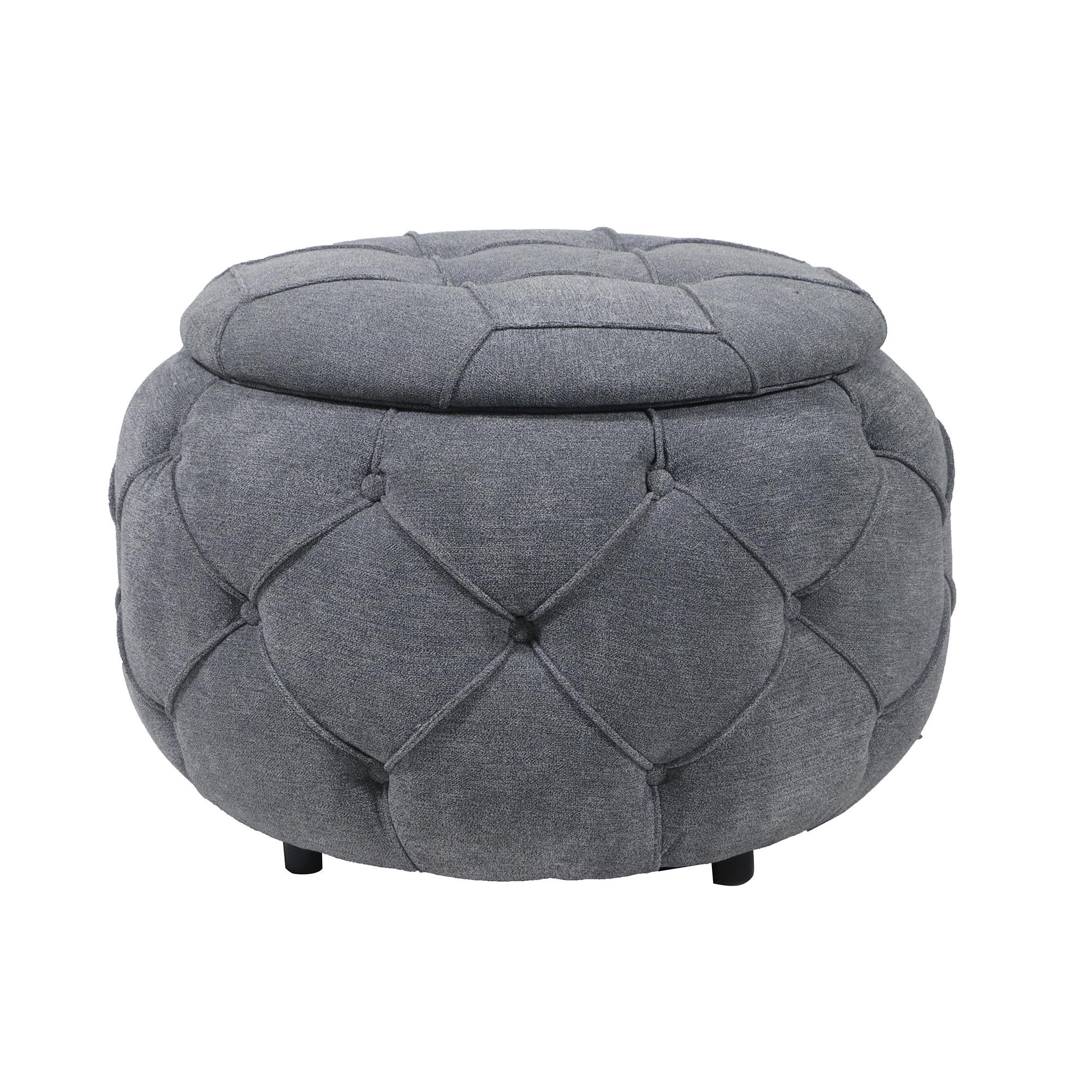 Large Button Tufted Woven Round Storage Footstool。Suitable For Living Room, Bedroom, Study