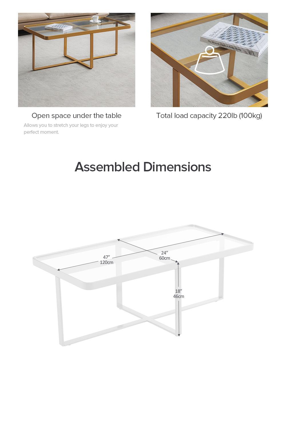 Minimalism Rectangle Coffee Table,Golden Metal Frame With Tempered Glass Tabletop