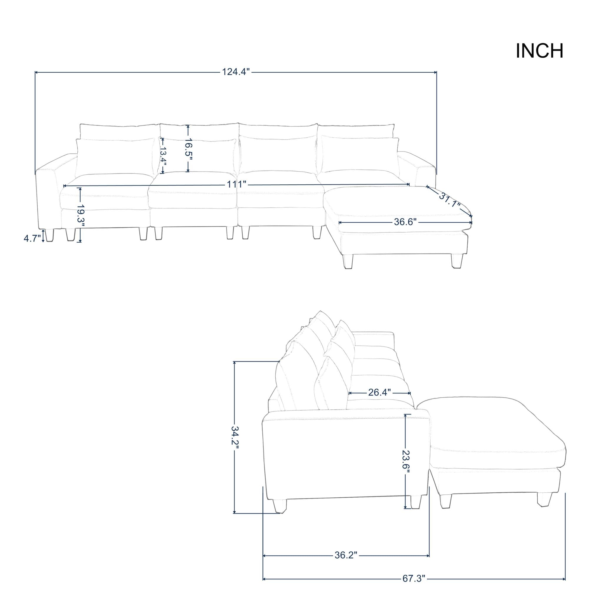 124.4” Modular L-Shaped Sectional Sofa With Ottoman