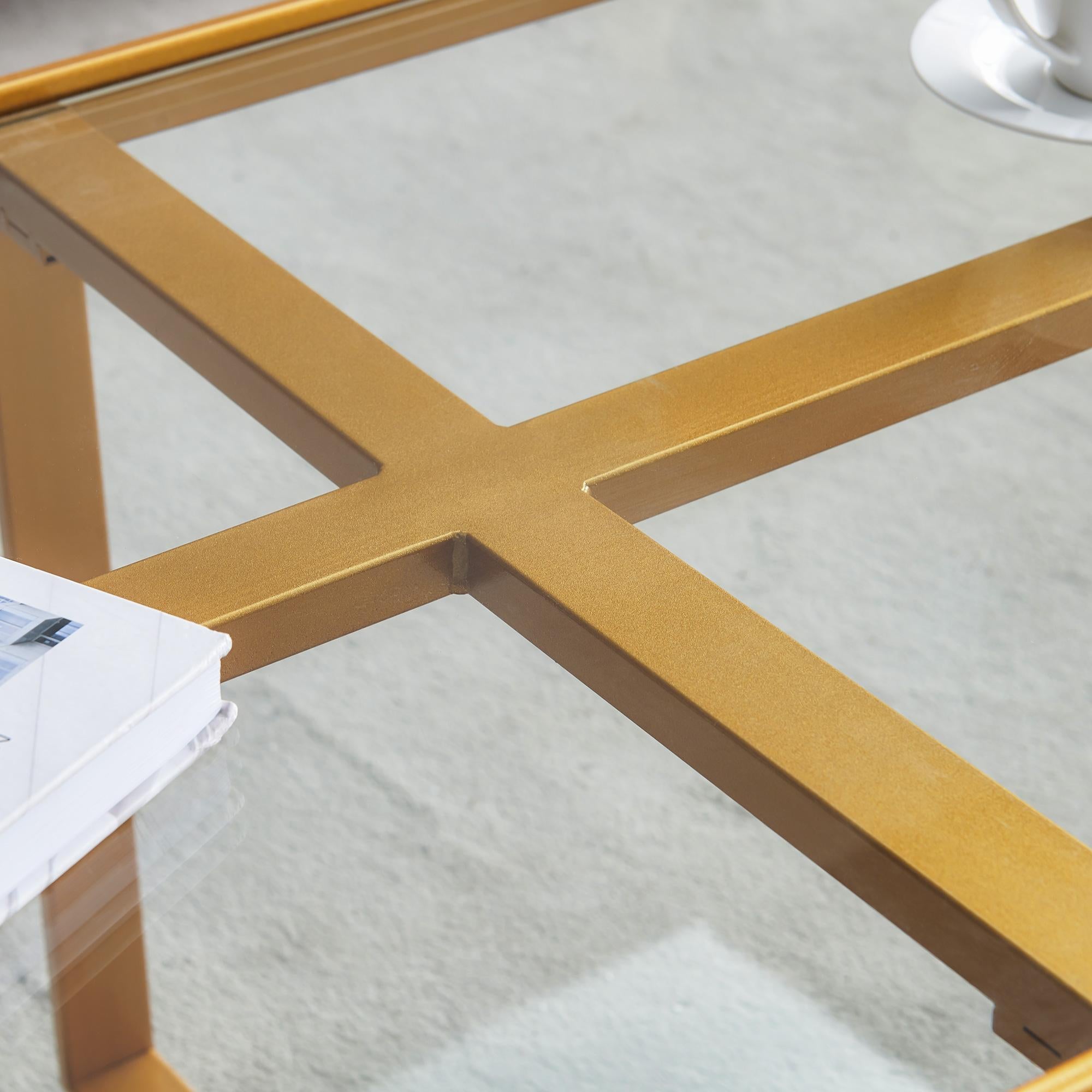 Minimalism Rectangle Coffee Table,Golden Metal Frame With Tempered Glass Tabletop