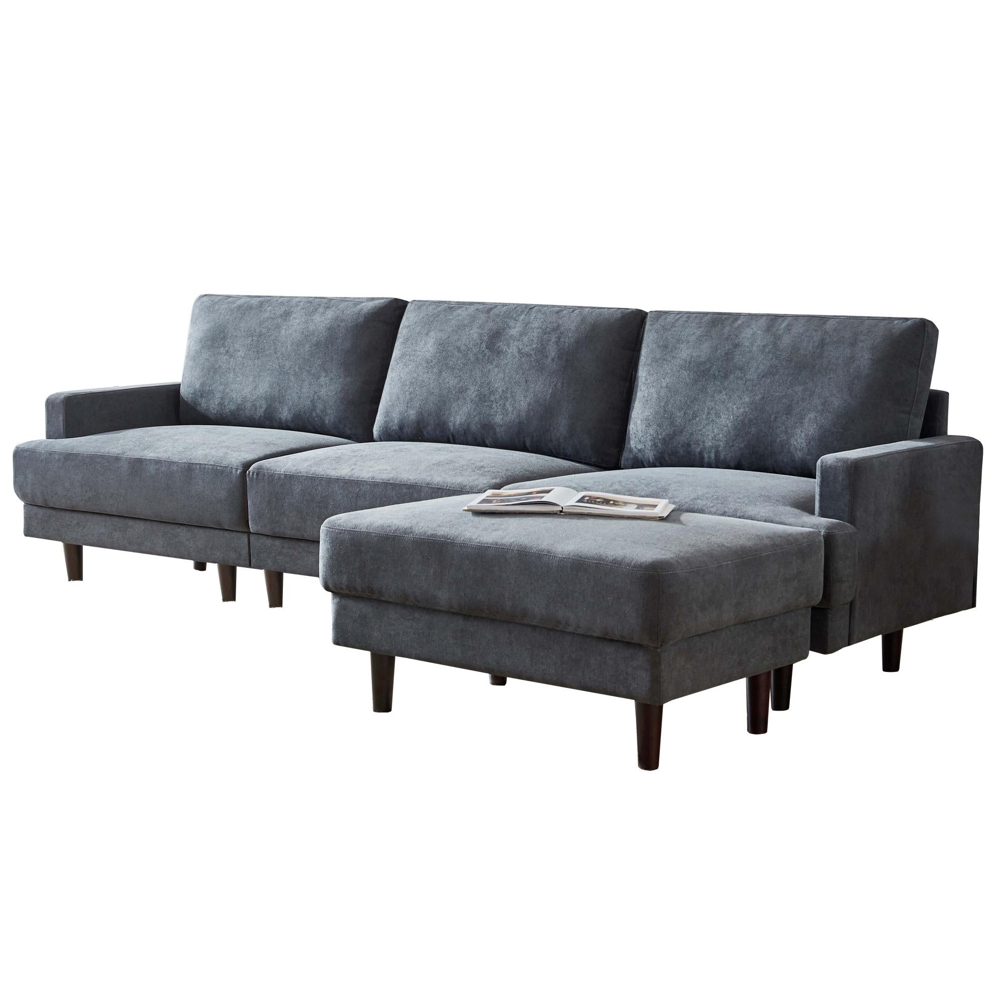 Modern Fabric Sofa L Shape, 3 Seater With Ottoman-104.6"-Dark Gray