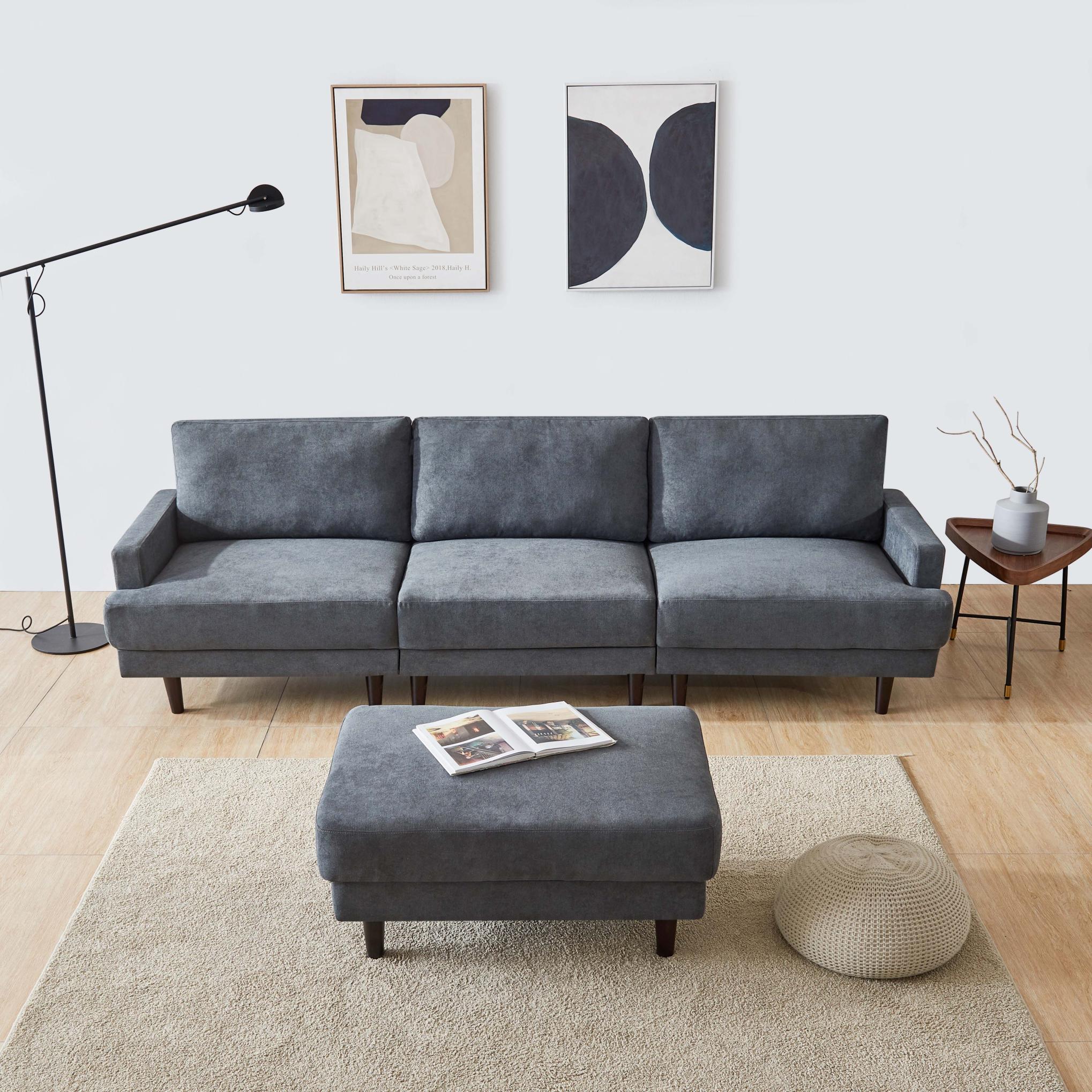 Modern Fabric Sofa L Shape, 3 Seater With Ottoman-104.6"-Dark Gray