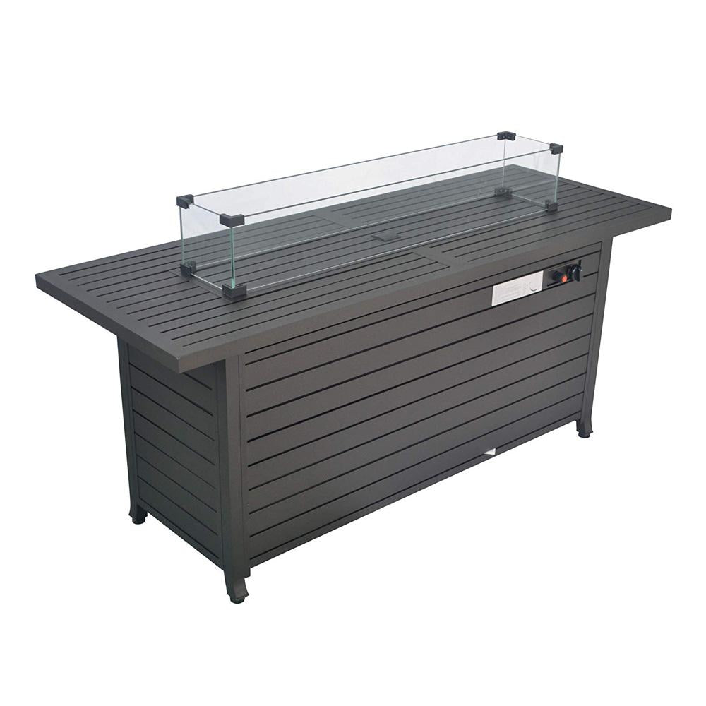 57in Aluminum Fire Table With Glass Wind Guard With Cover And Table Lid, Bronze, Rectangular