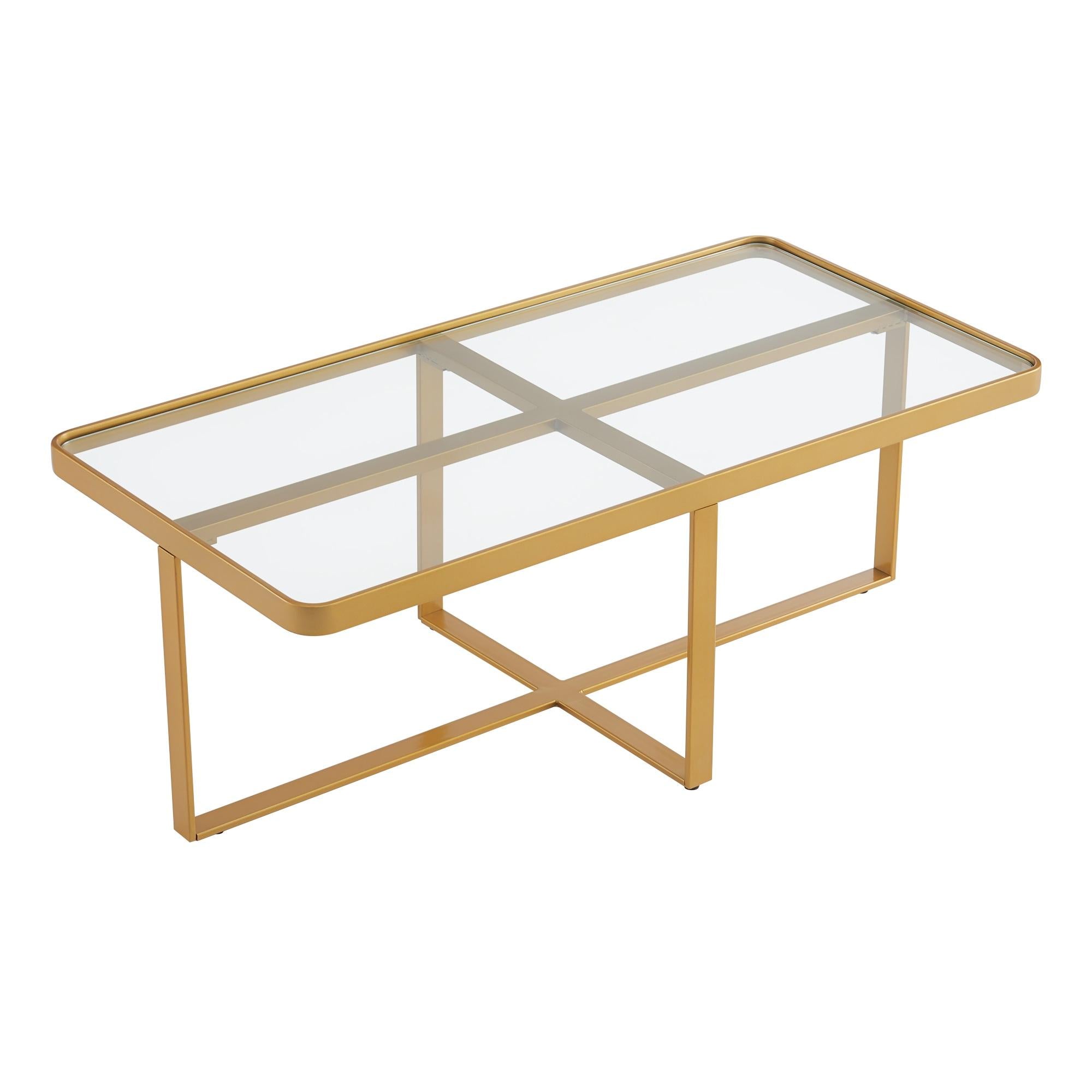 Minimalism Rectangle Coffee Table,Golden Metal Frame With Tempered Glass Tabletop