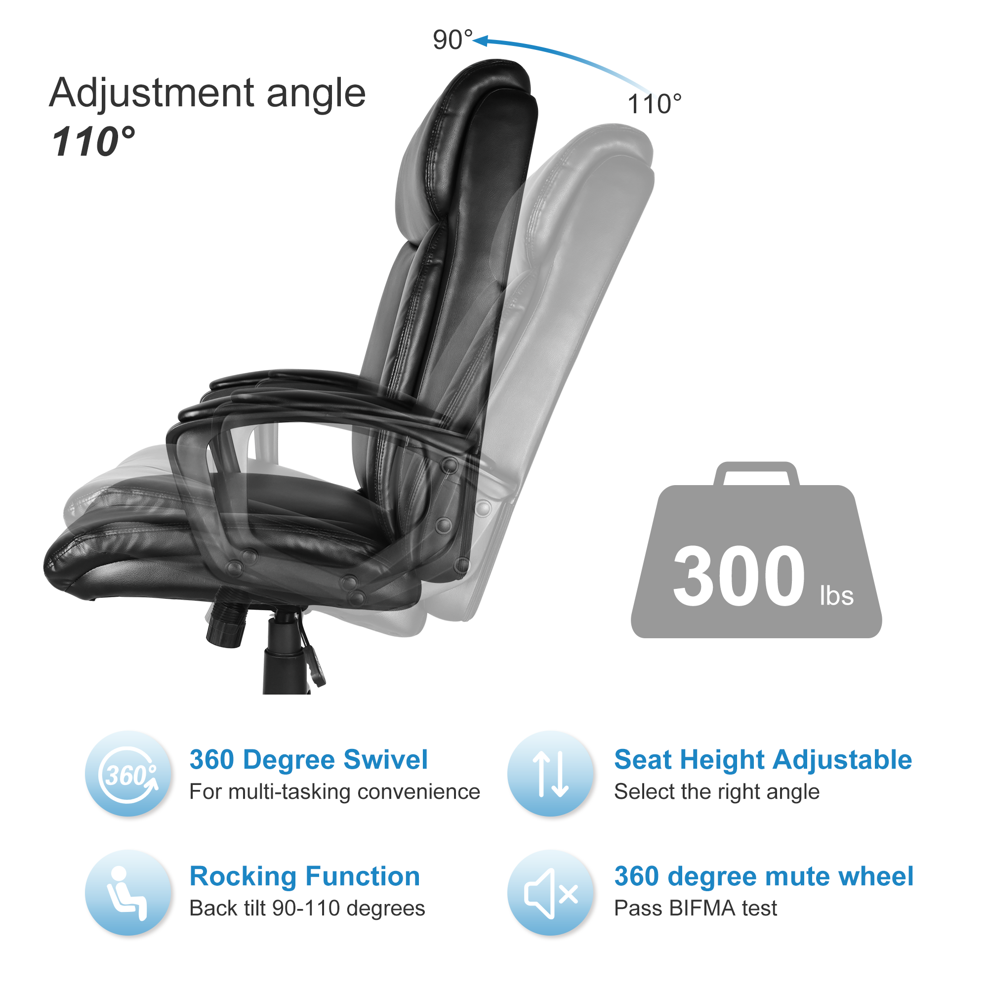 Office Desk Chair With High Quality Pu Leather, Adjustable Height/Tilt, 360-Degree Swivel, 300Lbs , Black