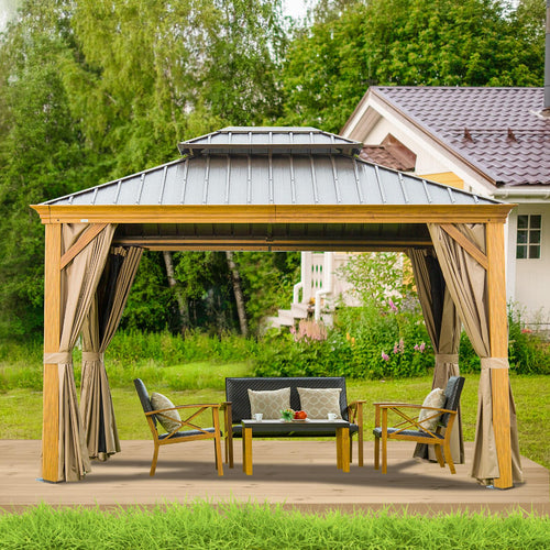 Domi Hardtop Gazebo Outdoor Aluminum Roof Canopy With Mosquito Netting And Curtains