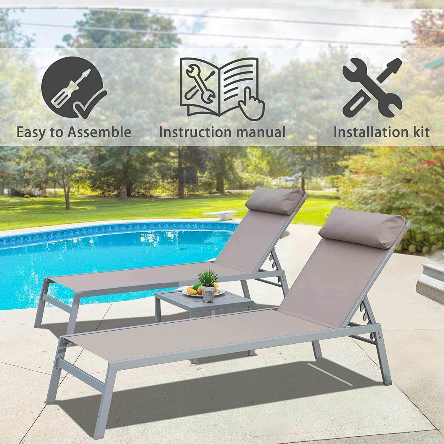 Domi Patio 3 Pieces Aluminum Textilene Chaise Lounge Set With Side Table Outdoor,Adjustable Back