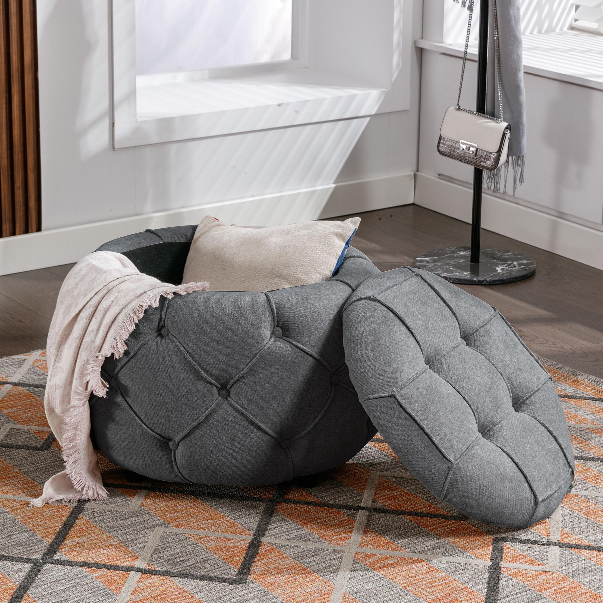 Large Button Tufted Woven Round Storage Footstool。Suitable For Living Room, Bedroom, Study