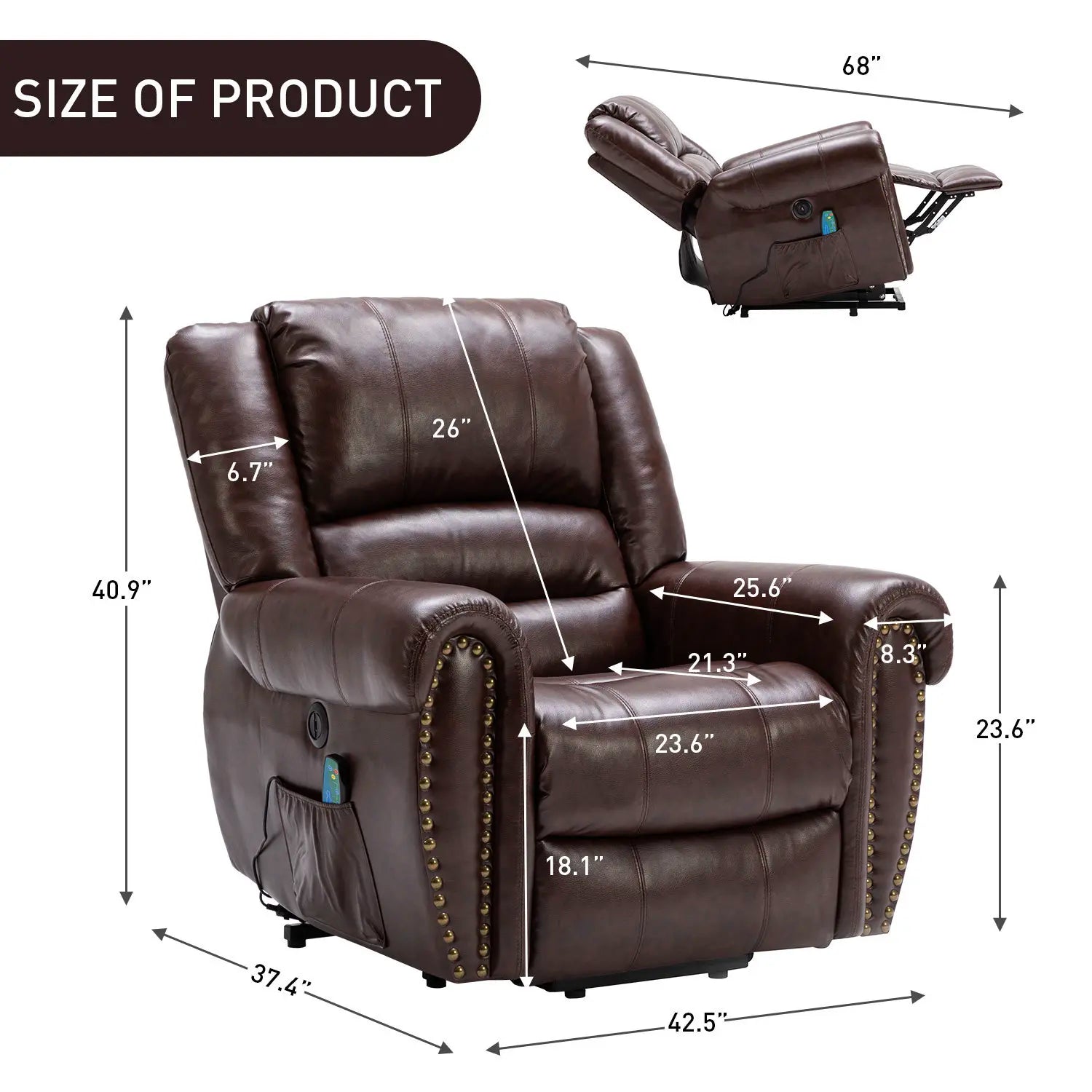 Leather Rivet Power Lift Recliner Chair With Massage And Usb Port