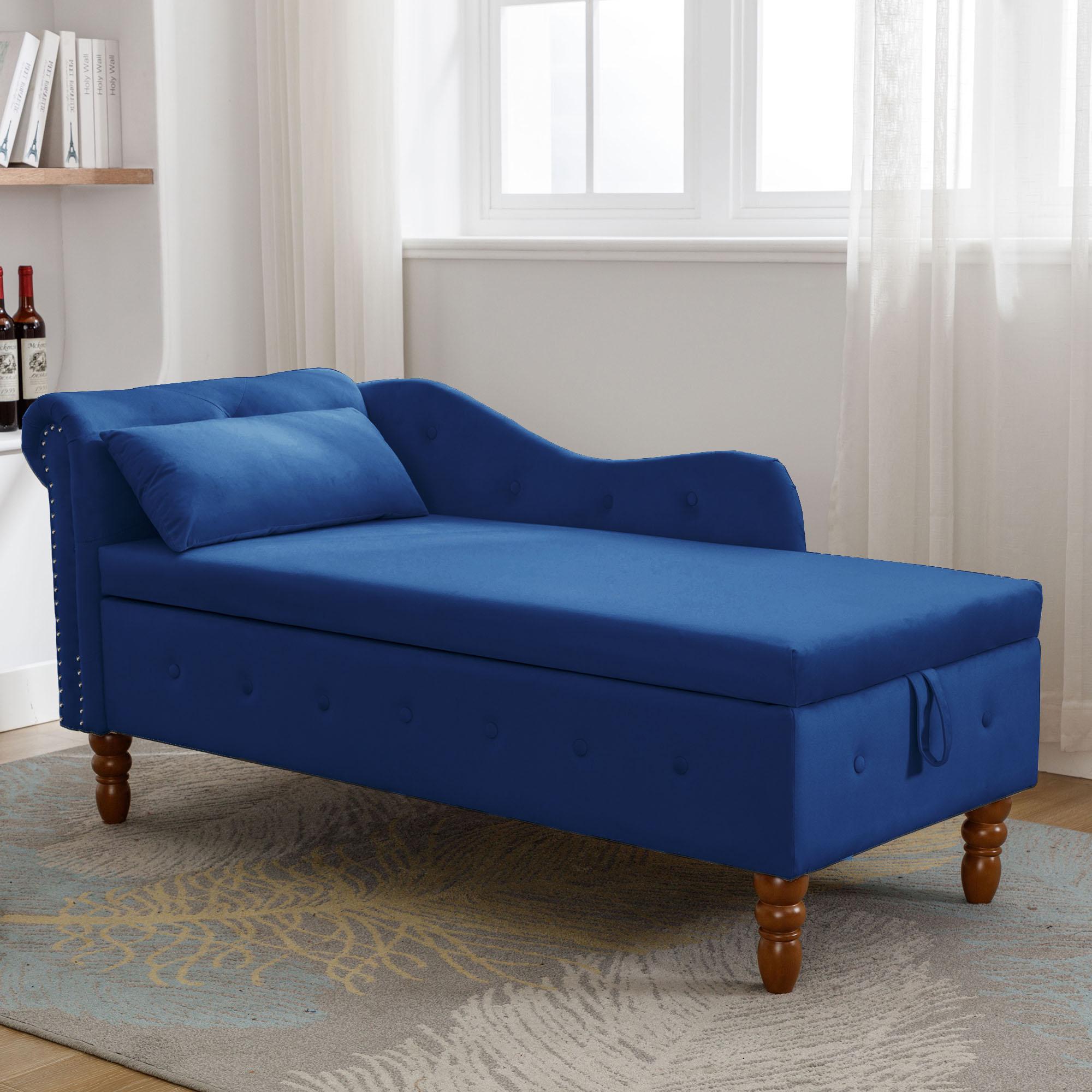 Velvet indoor Chaise Lounge With Nailhead Trim, Storage And Pillows, Can Be Used in Living Room, Bedroom, Den