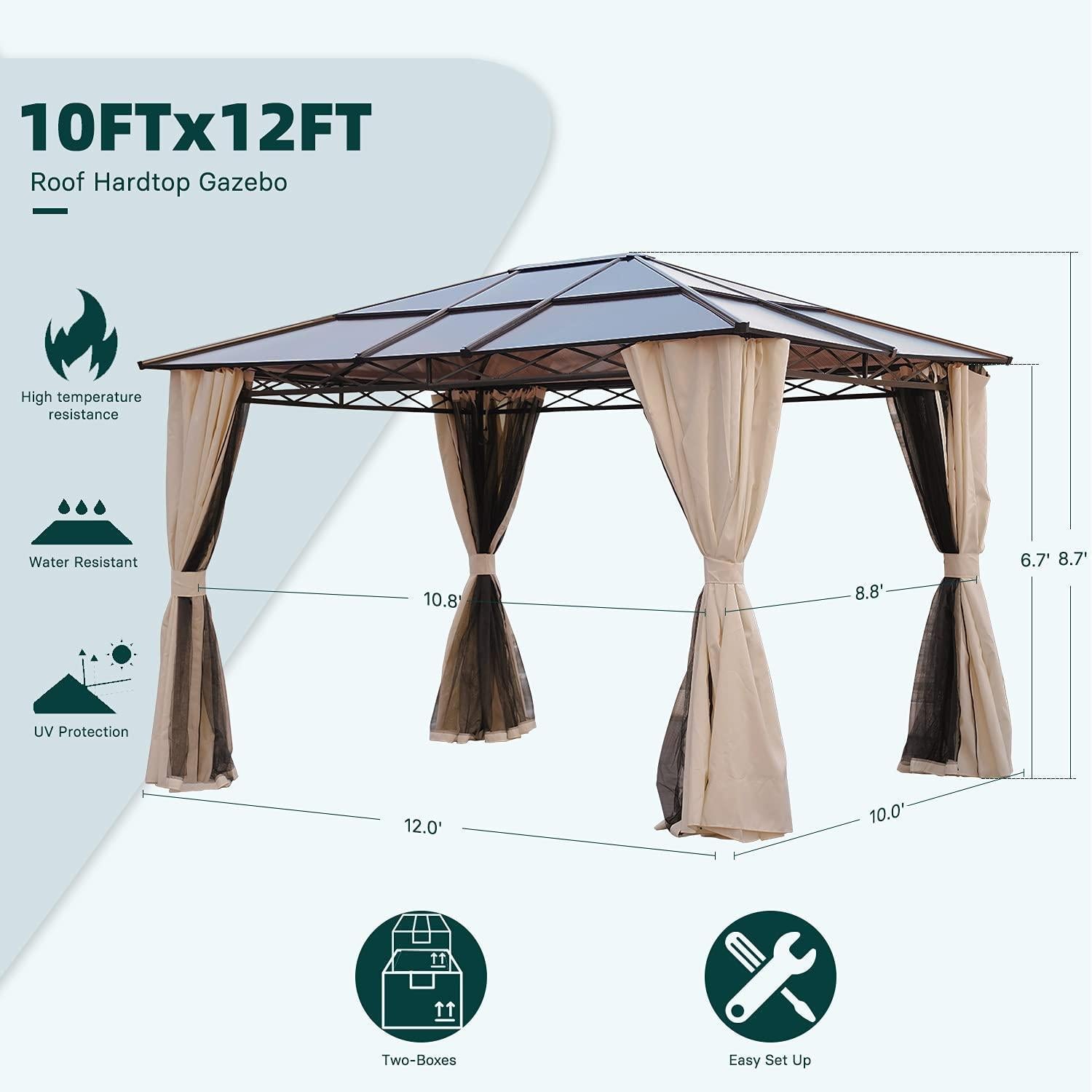 10X12 Hardtop Gazebo,Uv 50+ Outdoor Canopy With Mosquito Netting And Curtains, Outdoor Shelter