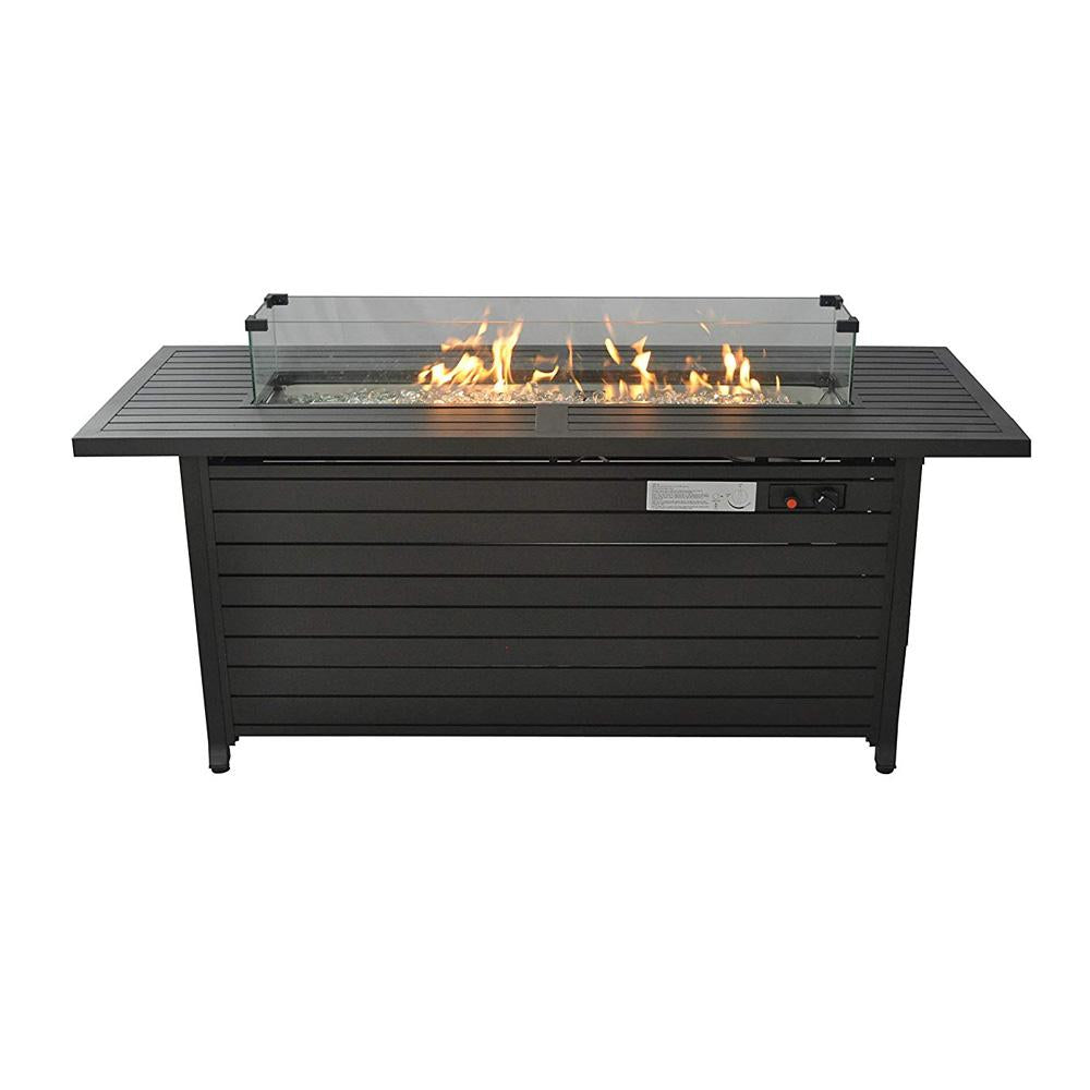 57in Aluminum Fire Table With Glass Wind Guard With Cover And Table Lid, Bronze, Rectangular