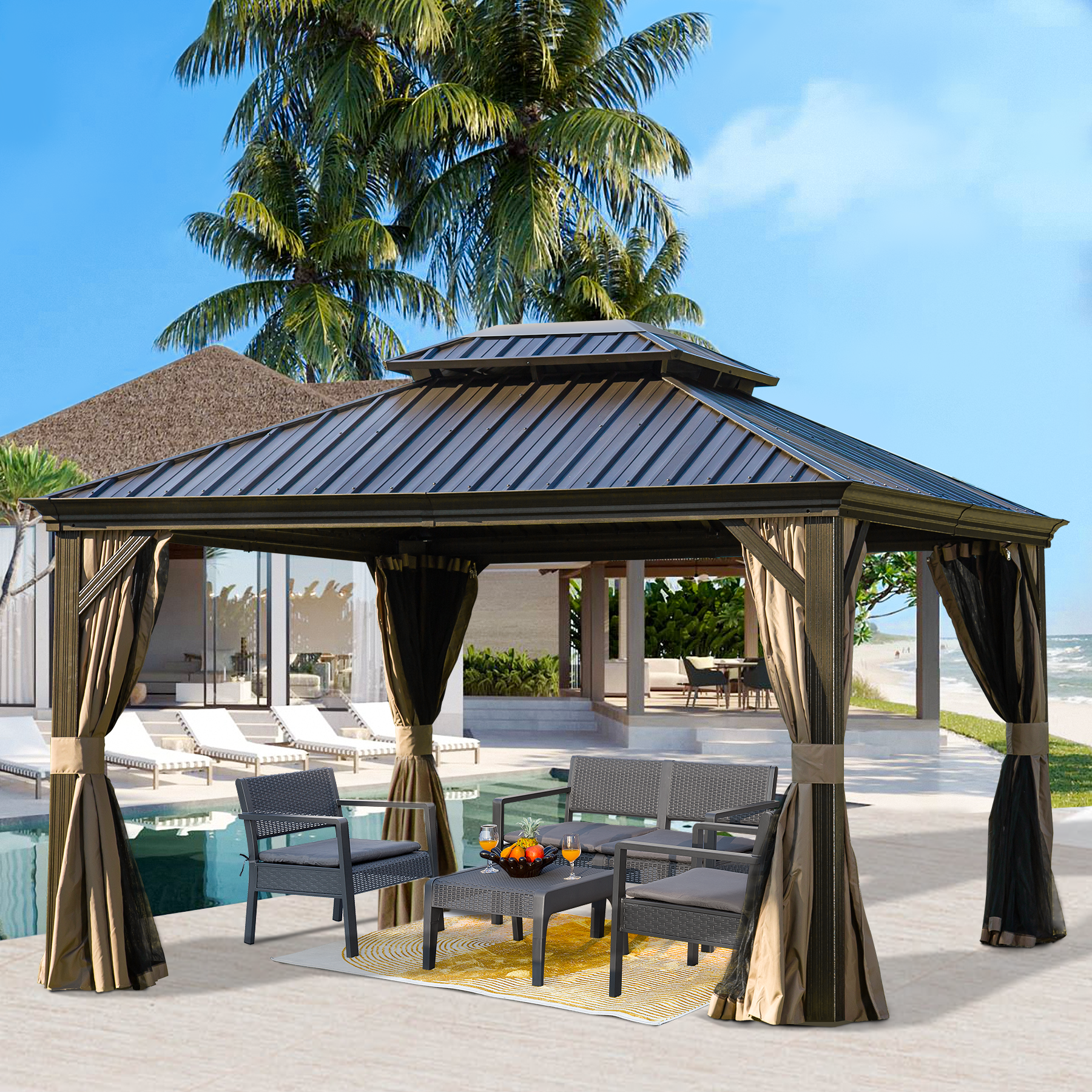 Domi Hardtop Gazebo Outdoor Aluminum Roof Canopy With Mosquito Netting And Curtains