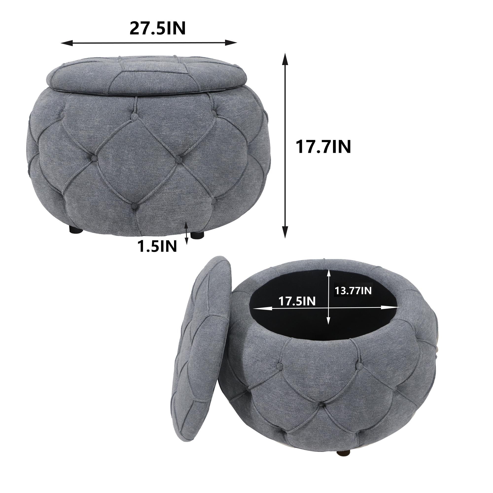 Large Button Tufted Woven Round Storage Footstool。Suitable For Living Room, Bedroom, Study