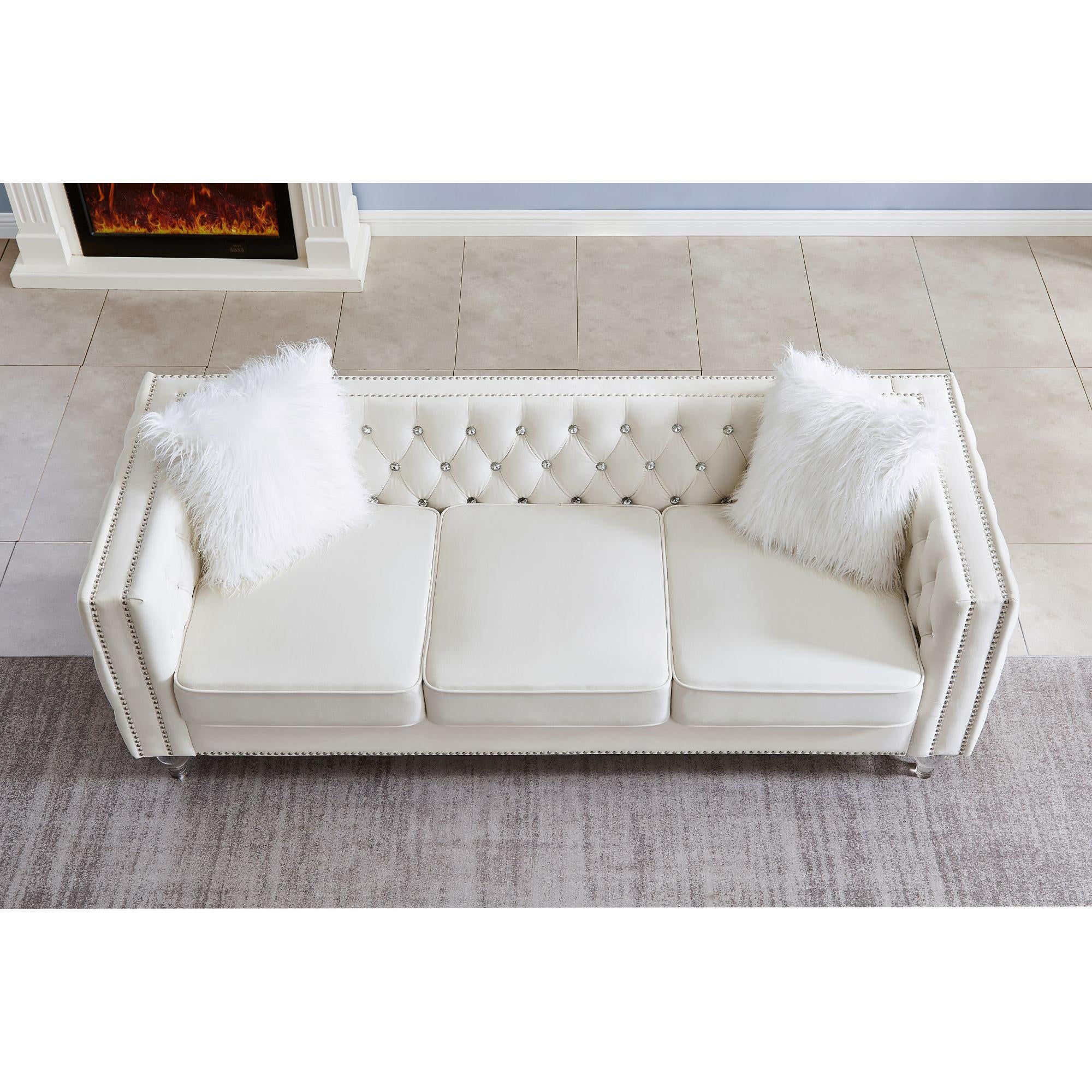 Velvet Upholstery Tufeted Sofa Crystal Feet Removable Cushion