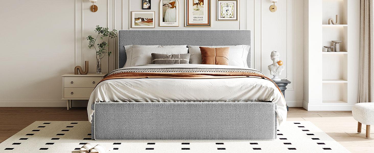 Upholstered Platform Bed With 4 Drawers And White Edge On The Headboard & Footboard, Gray