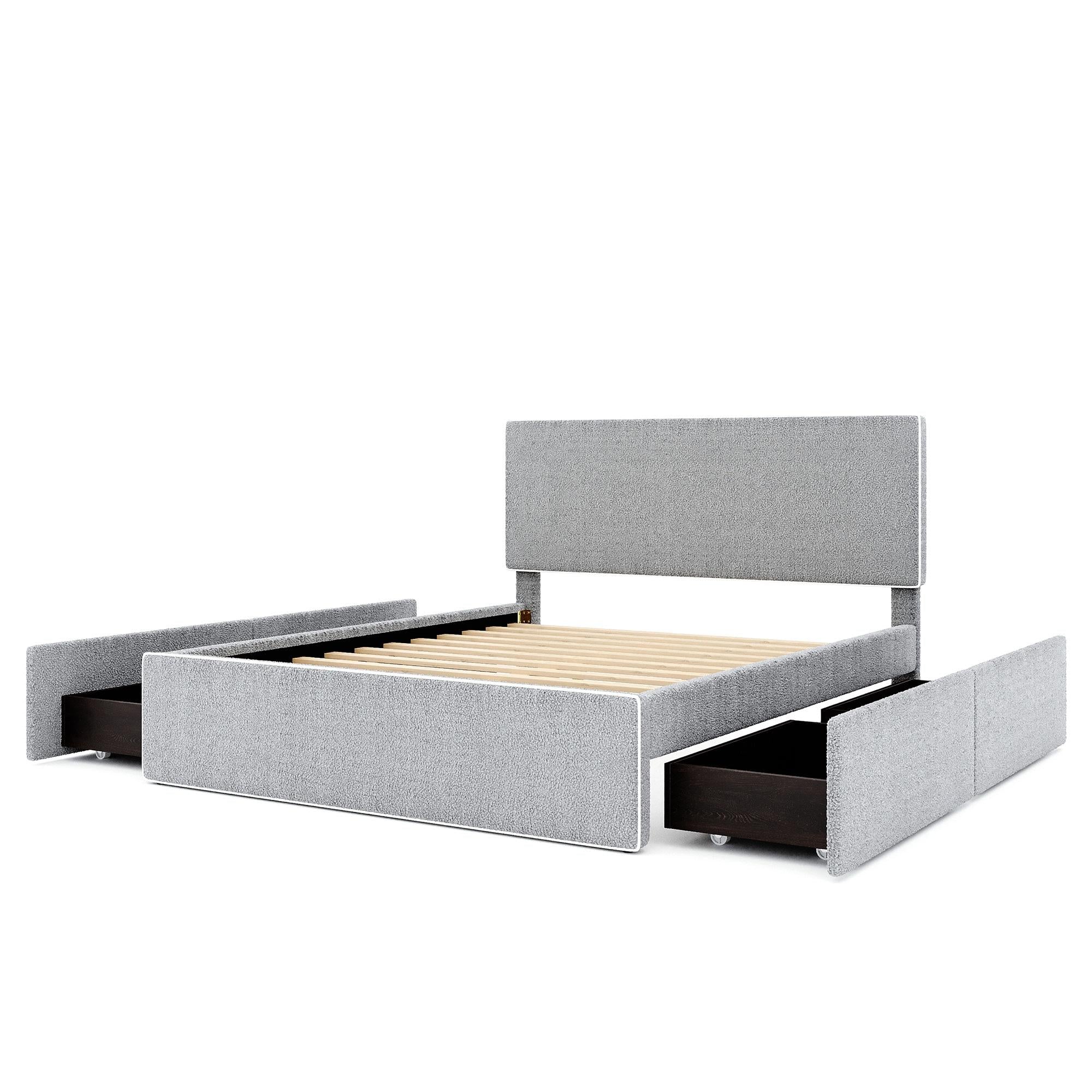 Upholstered Platform Bed With 4 Drawers And White Edge On The Headboard & Footboard, Gray