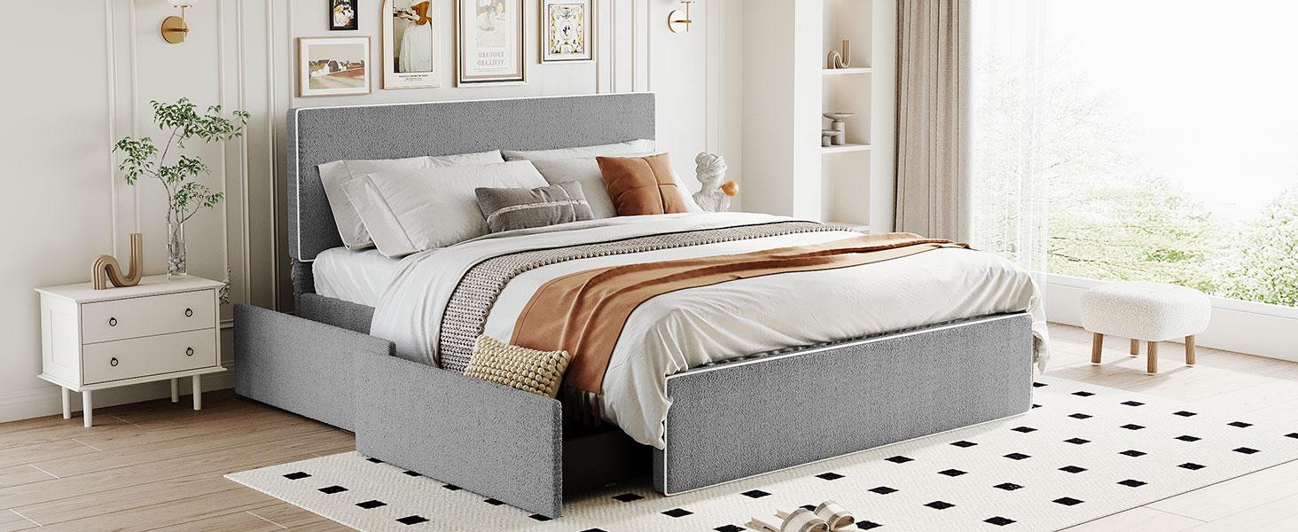 Upholstered Platform Bed With 4 Drawers And White Edge On The Headboard & Footboard, Gray