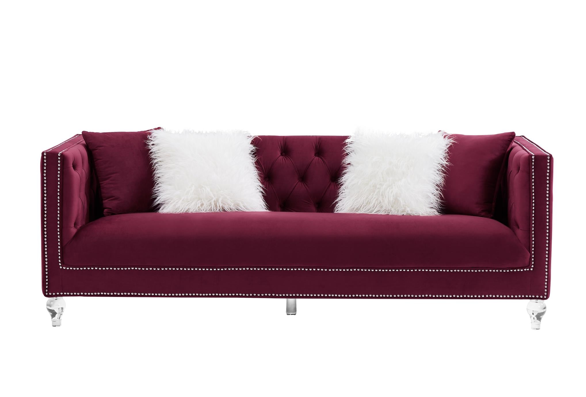 Red Velvet Sofa For Living Room With Pillows