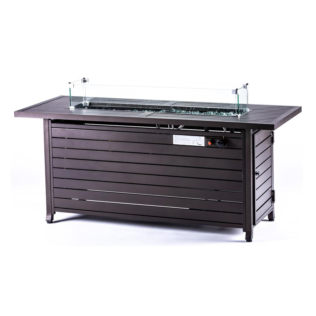 57in Aluminum Fire Table With Glass Wind Guard With Cover And Table Lid, Bronze, Rectangular