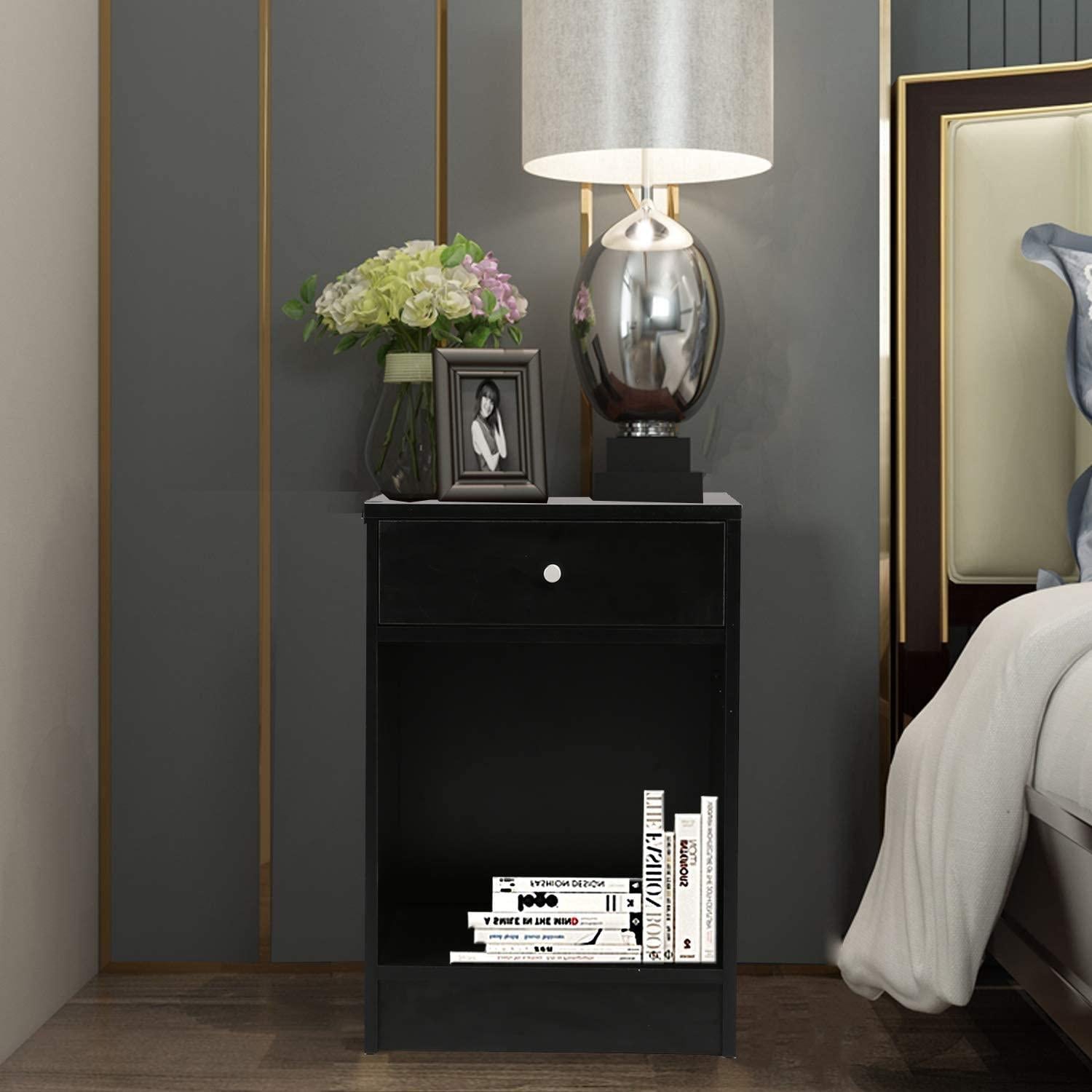 Modern Nightstand Bedside Table With Drawer And Cabinet Organizer For Storage Bedroom Living Room (B