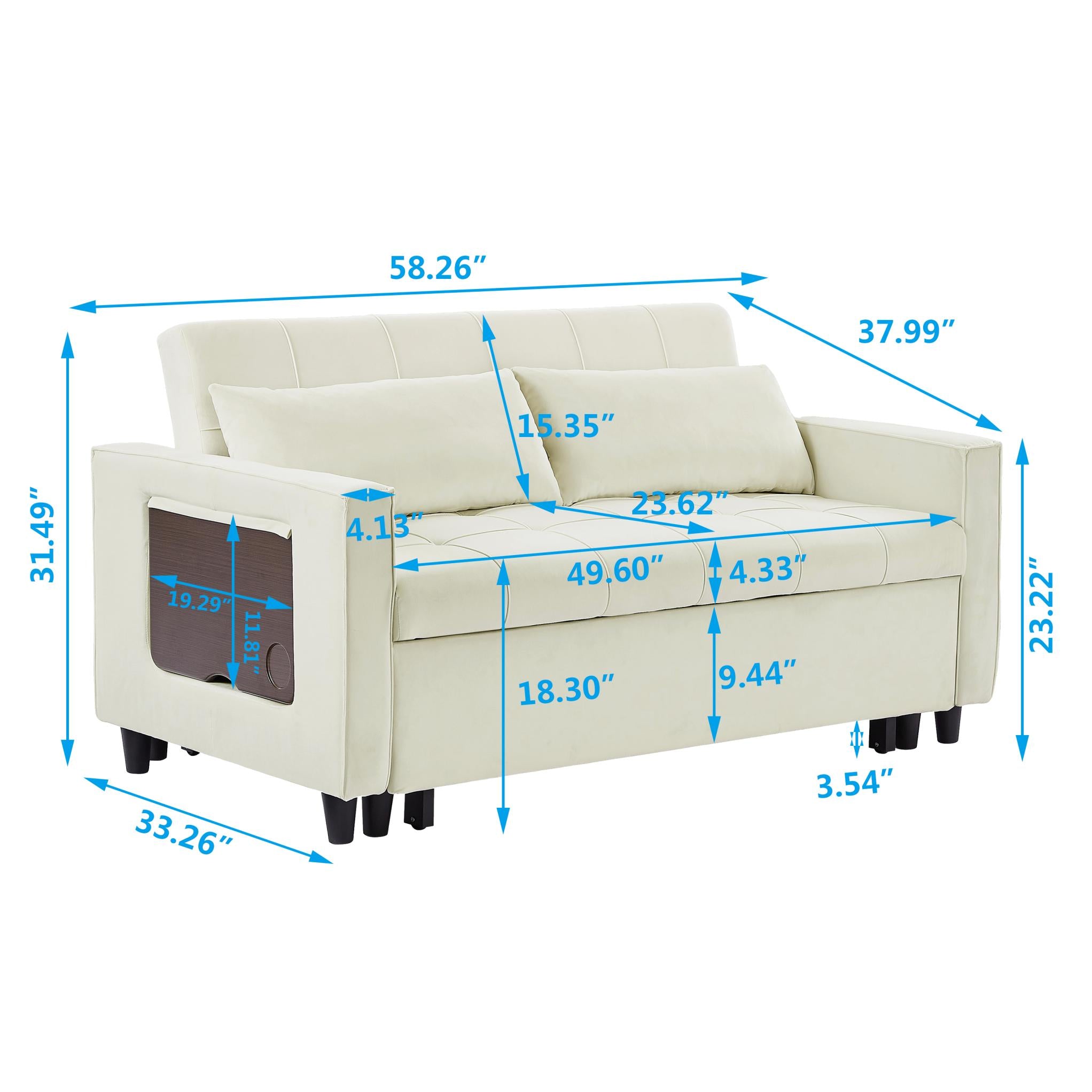 Modern Velvet 3-Seater Sofa Bed With Solid Wood Frame