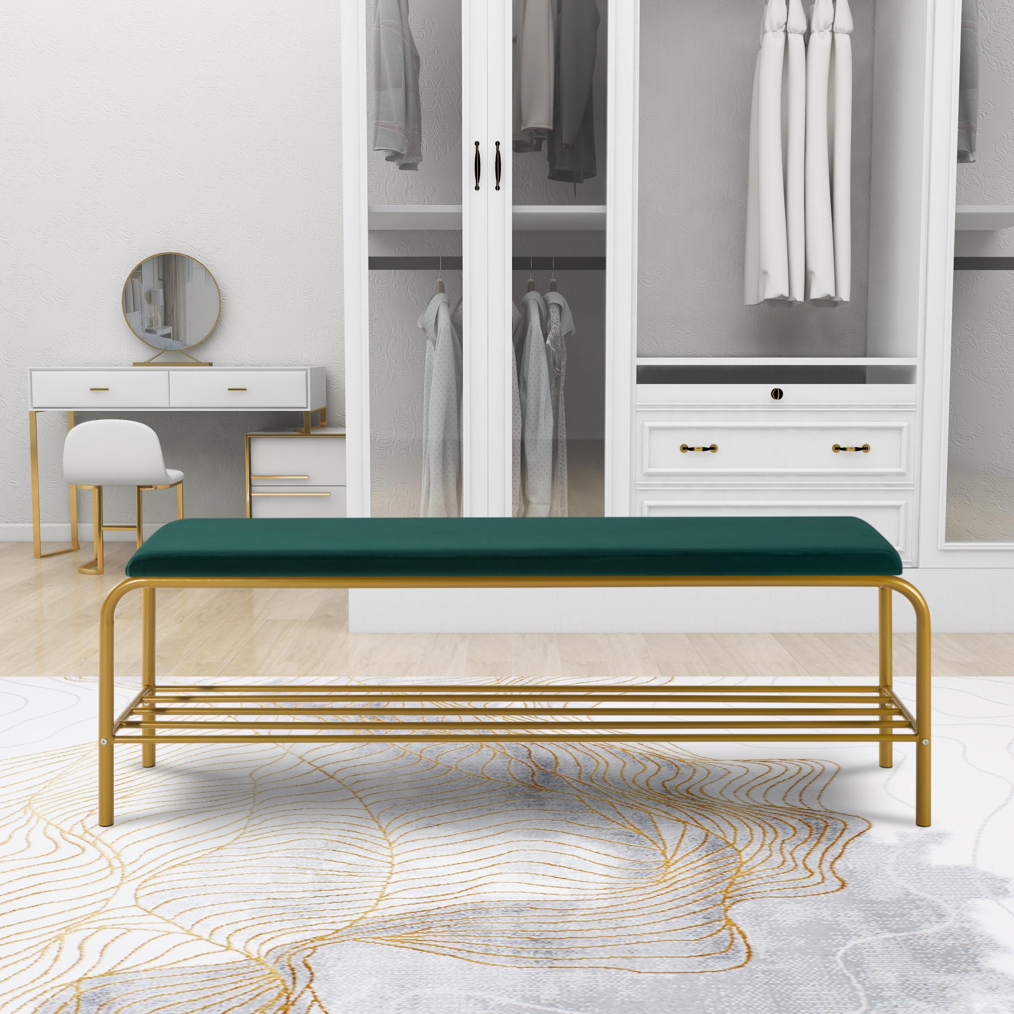 Single Layer Shoe Storage Bench Green Velvet