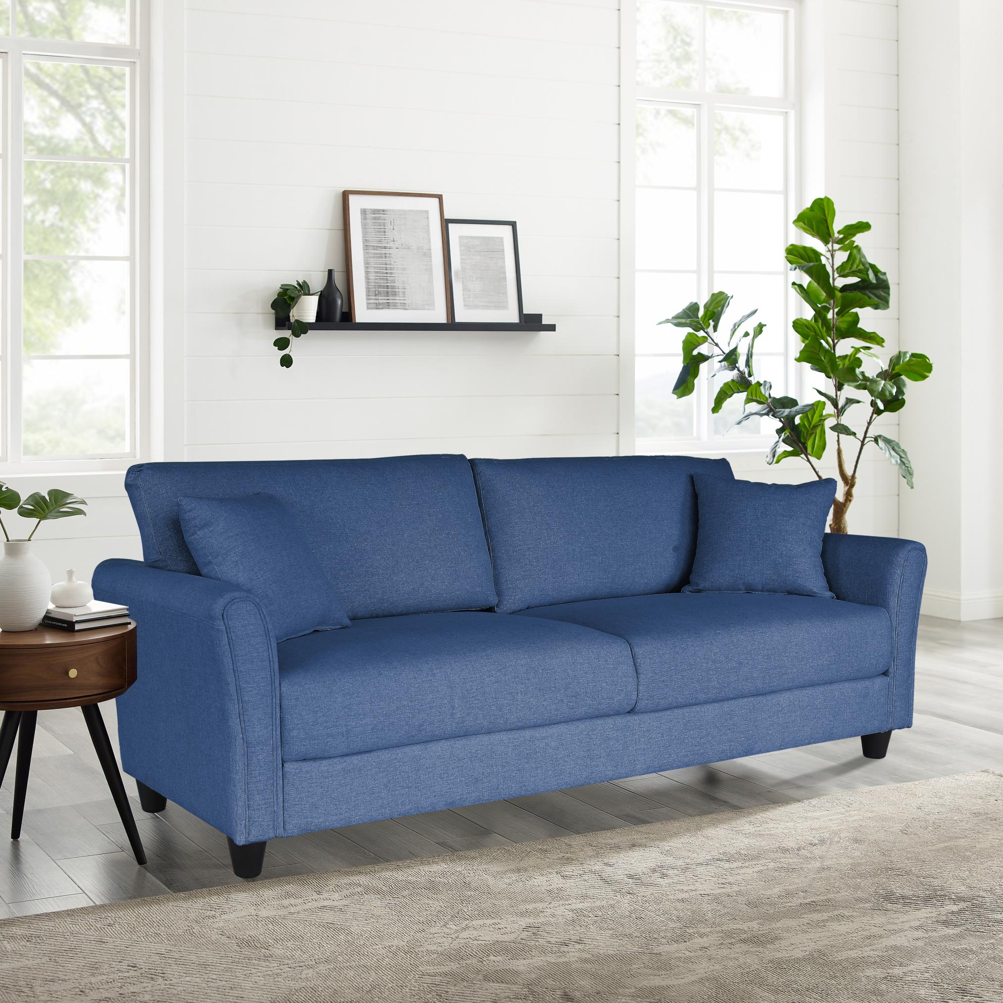 Loveseat Sofa Blue Linen With 2 Pillows