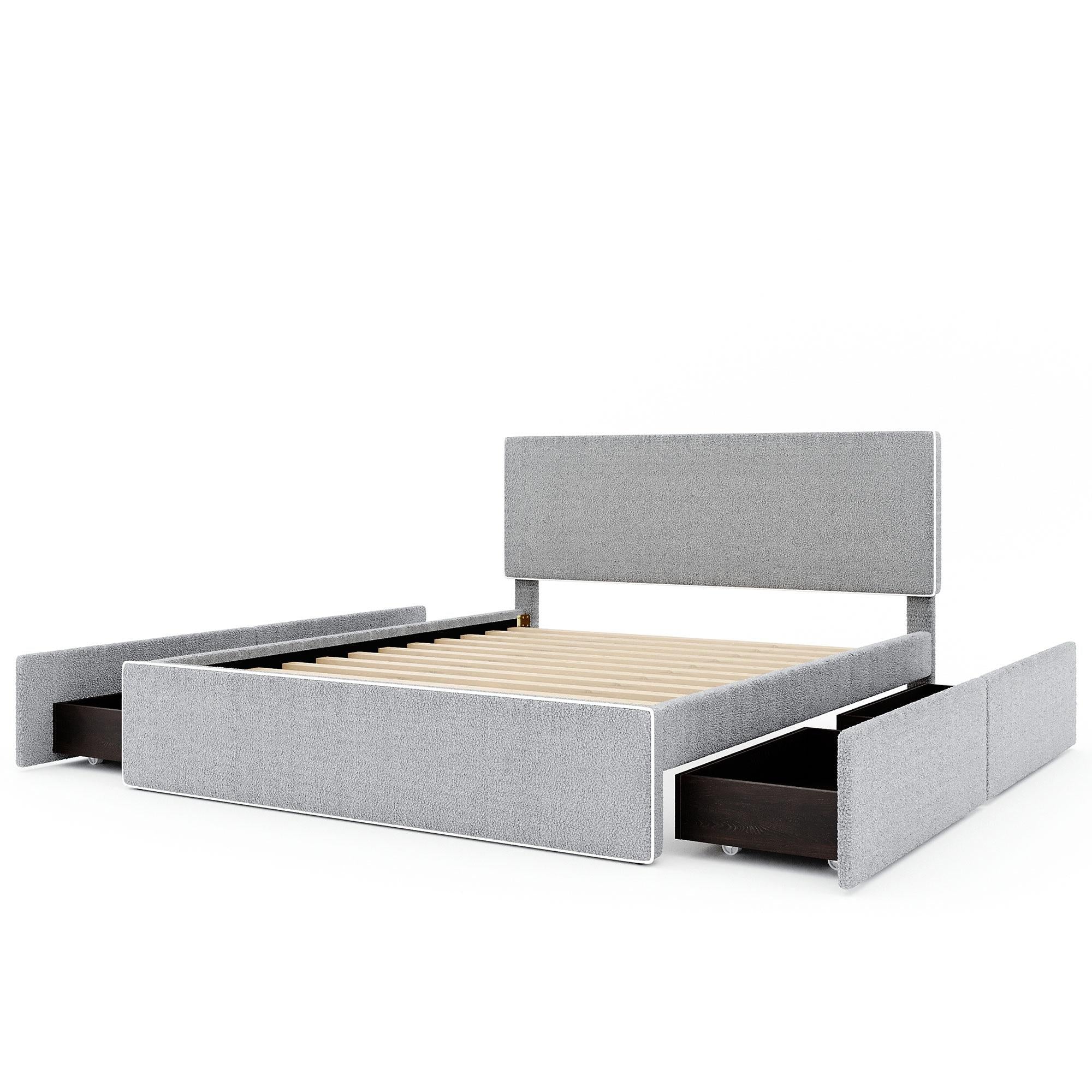 Upholstered Platform Bed With 4 Drawers And White Edge On The Headboard & Footboard, Gray