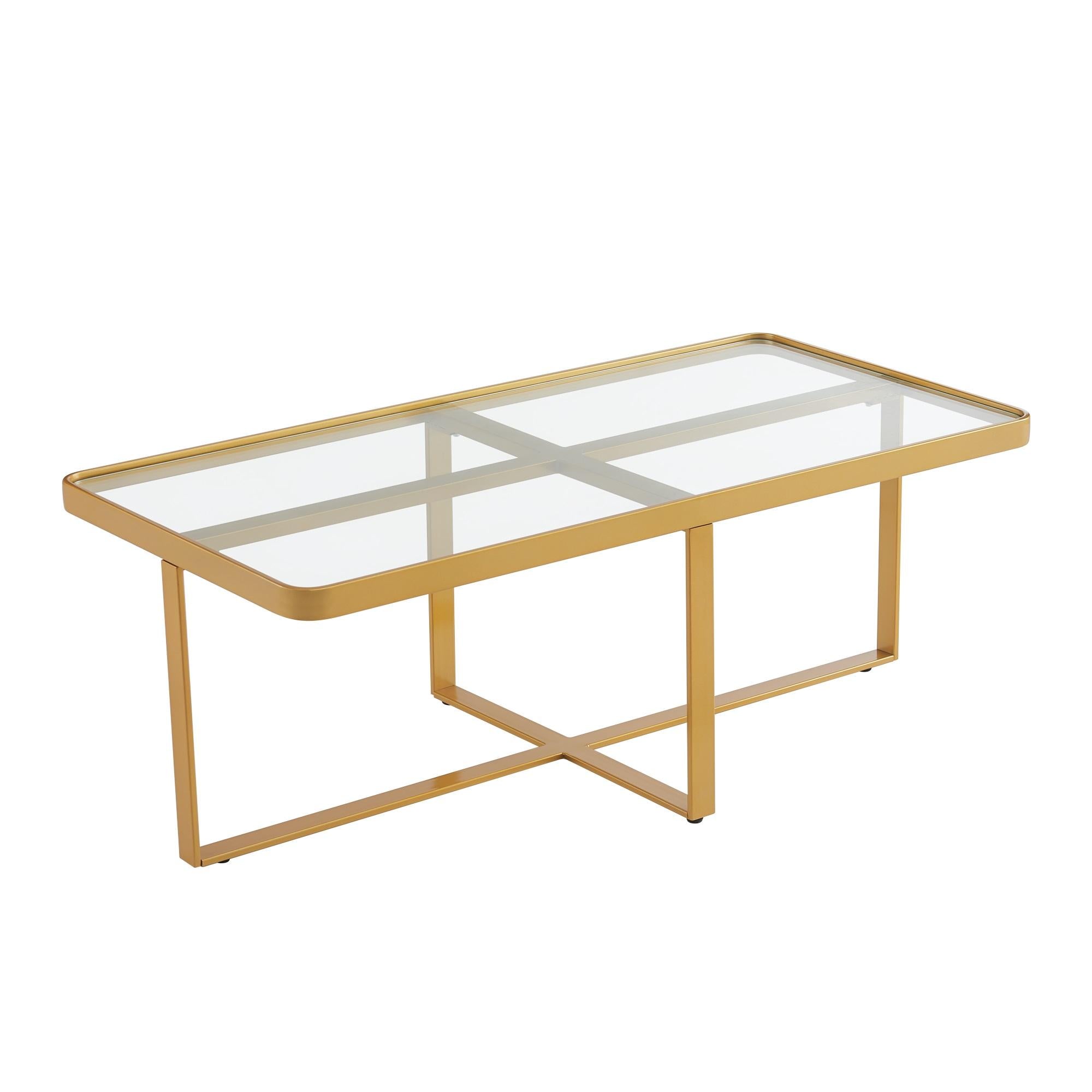 Minimalism Rectangle Coffee Table,Golden Metal Frame With Tempered Glass Tabletop