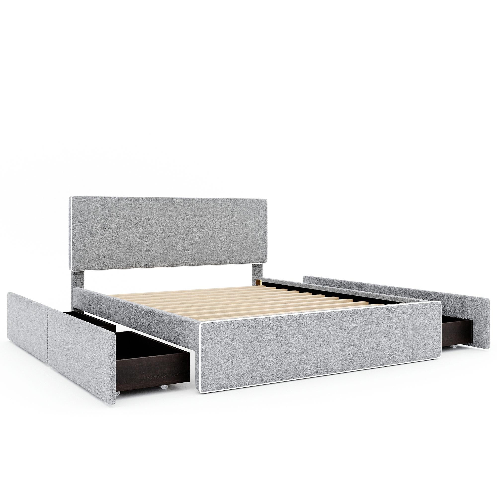 Upholstered Platform Bed With 4 Drawers And White Edge On The Headboard & Footboard, Gray