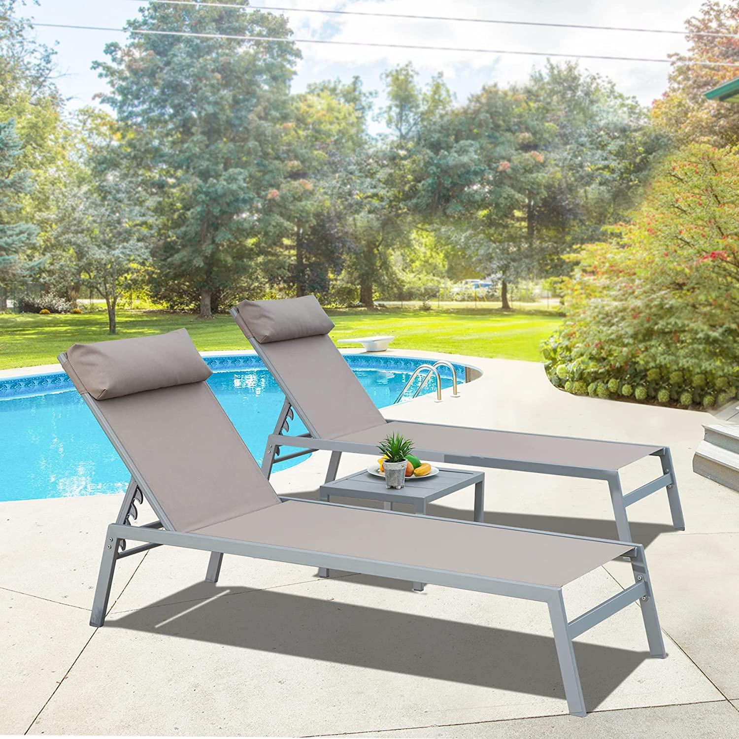 Domi Patio 3 Pieces Aluminum Textilene Chaise Lounge Set With Side Table Outdoor,Adjustable Back