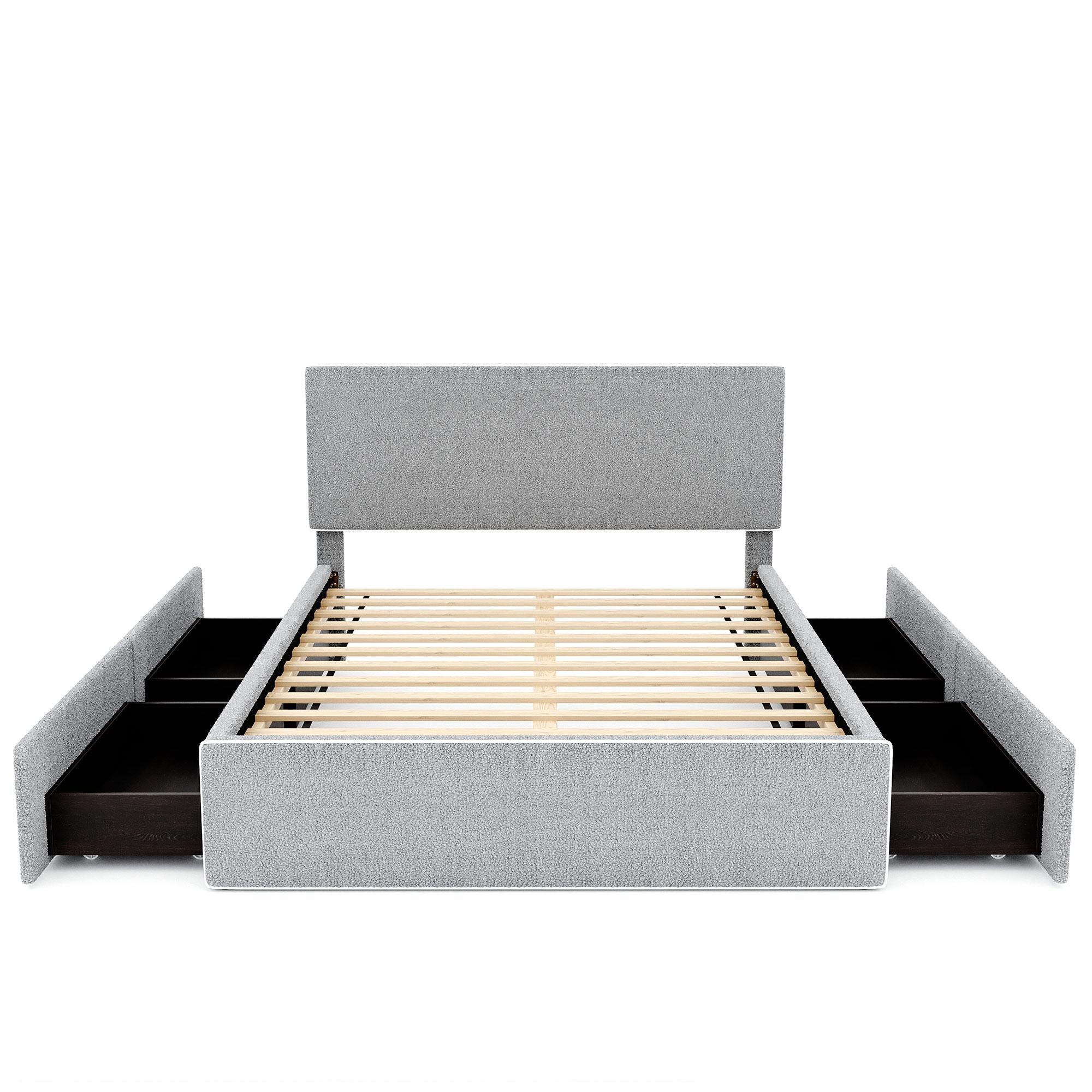 Upholstered Platform Bed With 4 Drawers And White Edge On The Headboard & Footboard, Gray