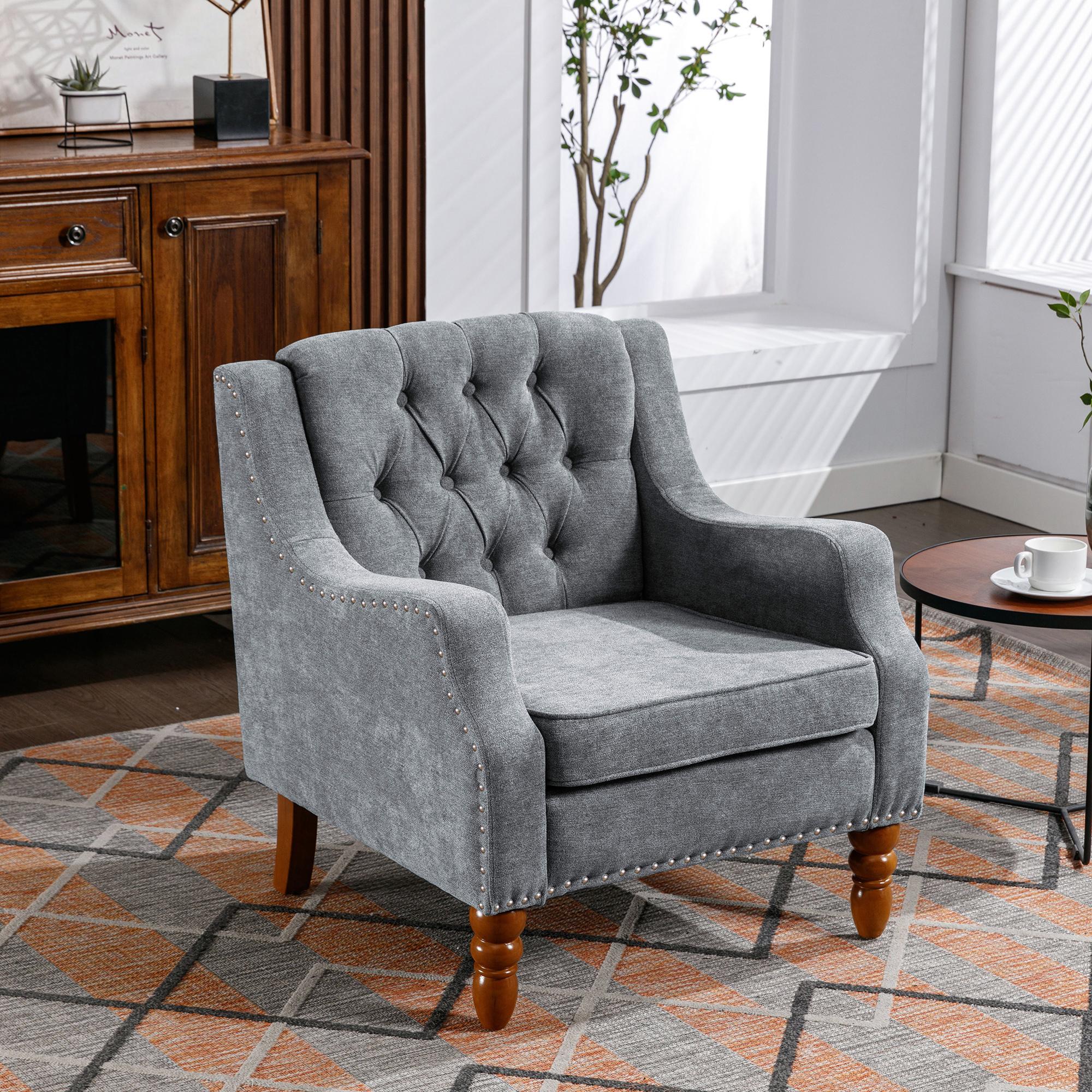 Footstool Chair Sets with Vintage Brass Studs and Tufted Upholstered Armchairs