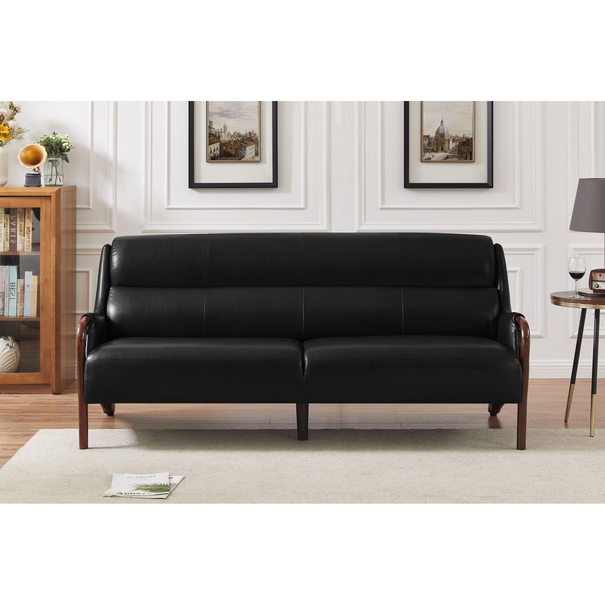 Modern-Central Sofa Pu Leather Wooden Legs Bench For Living Room