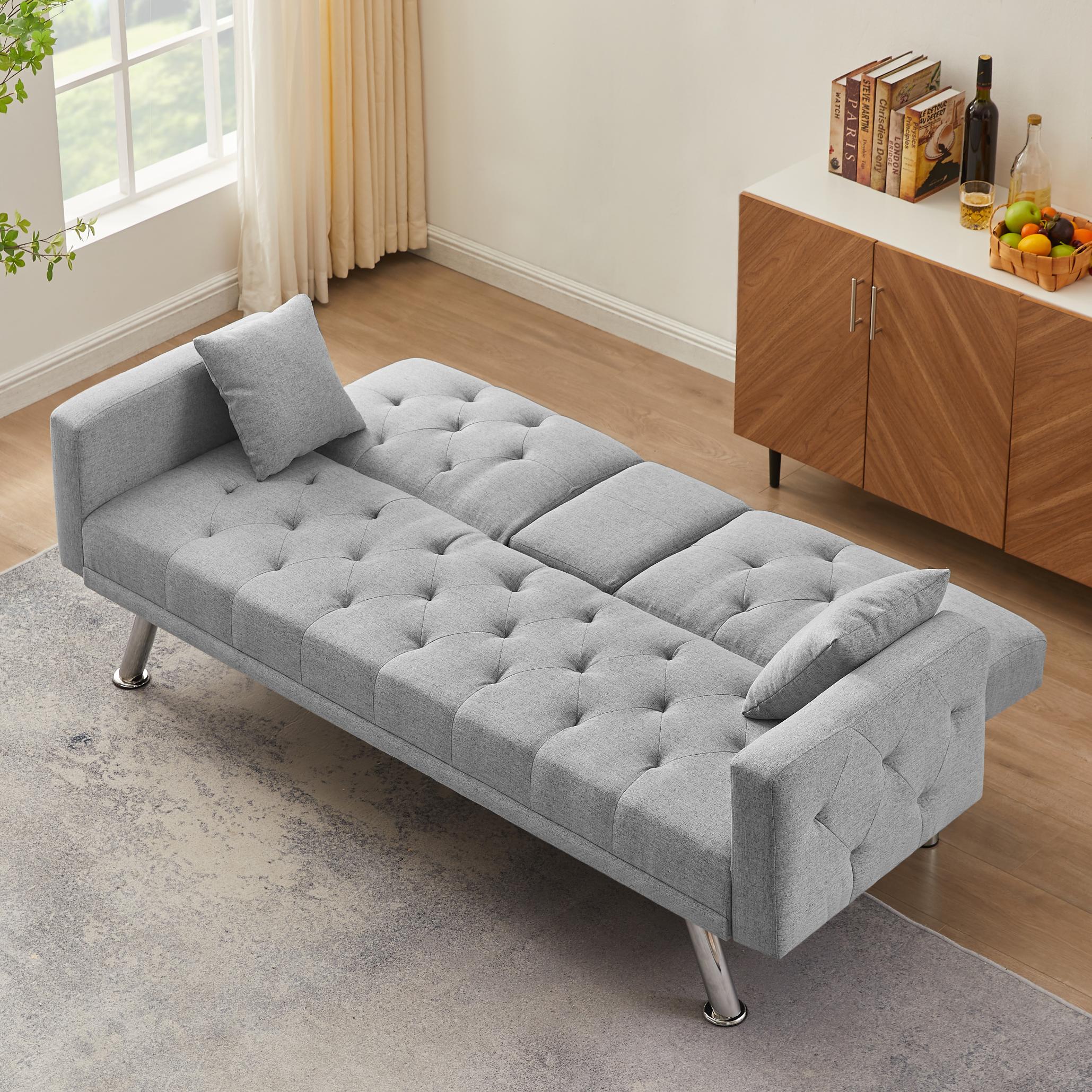 Square Arm Armrests Grey Linen Convertible Sofa And Bed